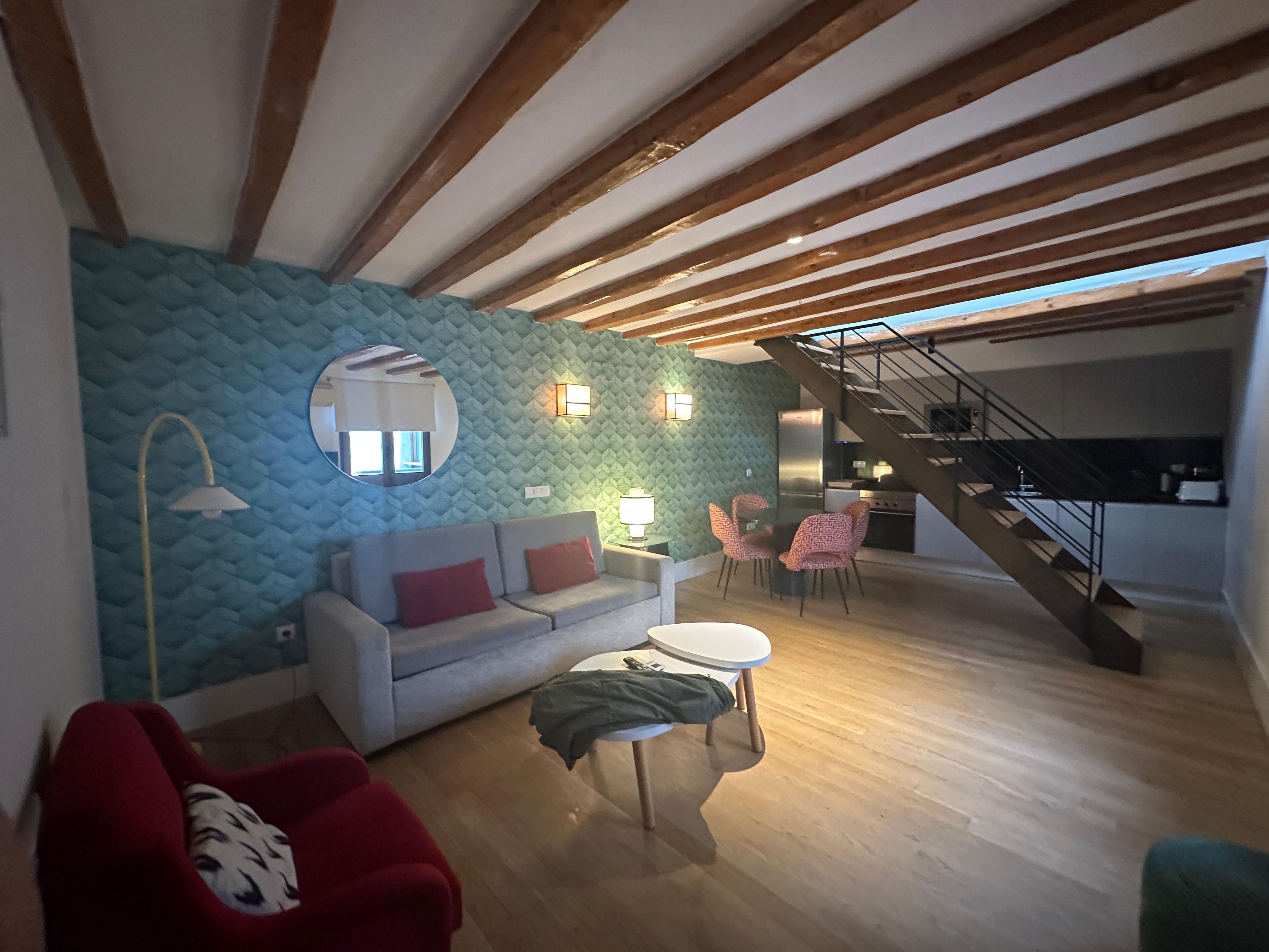 Great living room with open kitchen and dining area.