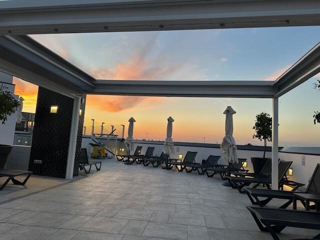 Pool area at sunset