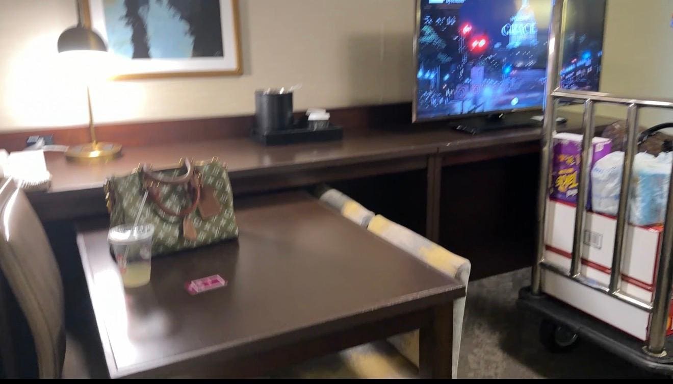 3 chairs and Table, microwave and small refrigerator, sofa bed and ottoman kinda chair