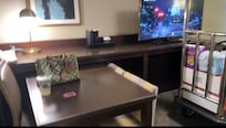 3 chairs and Table, microwave and small refrigerator, sofa bed and ottoman kinda chair