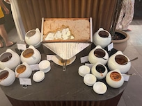 The honey and jam section of the breakfast buffet