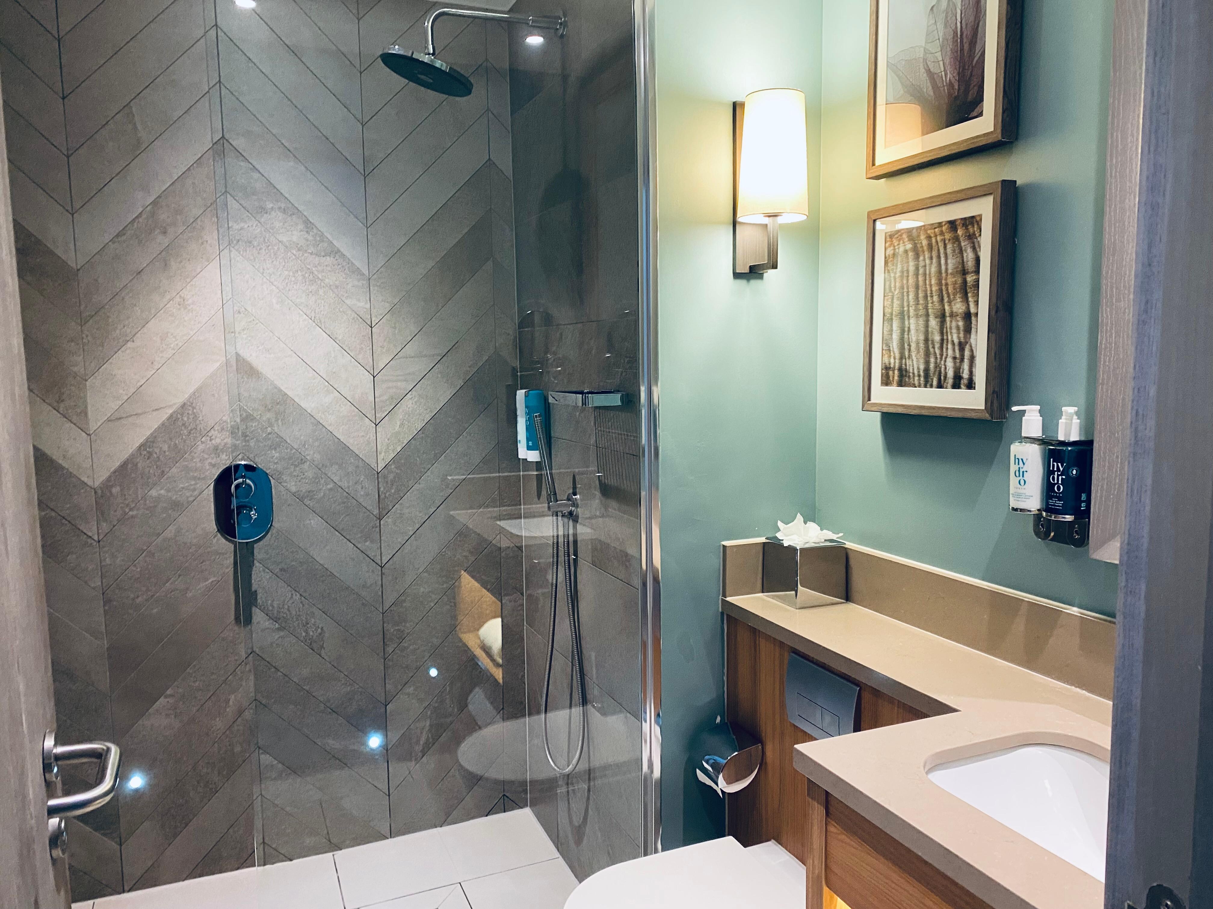 Modern bathroom with nice toiletries. 
