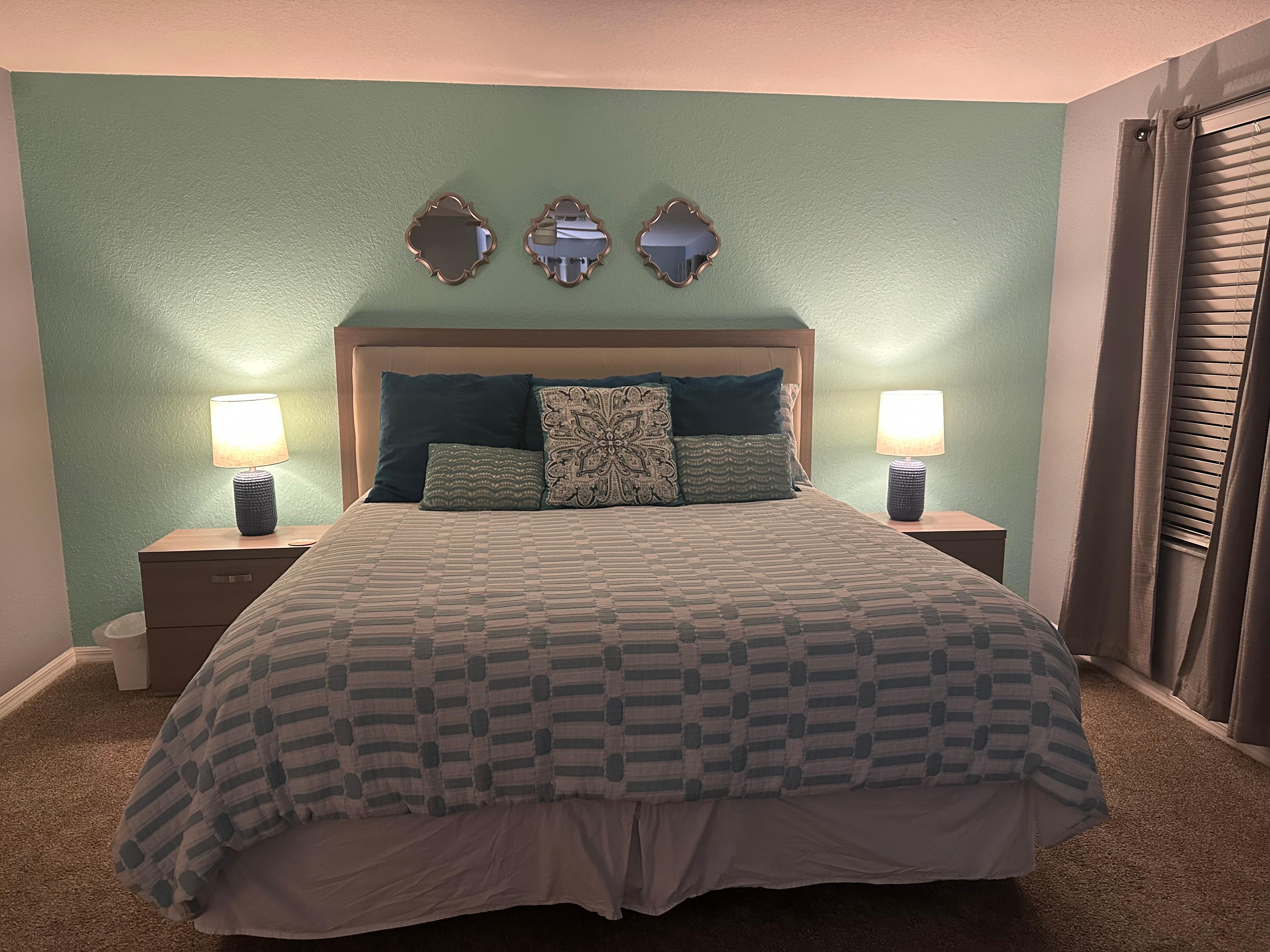 Very comfy and beautifully decorated king bed in the master suite 