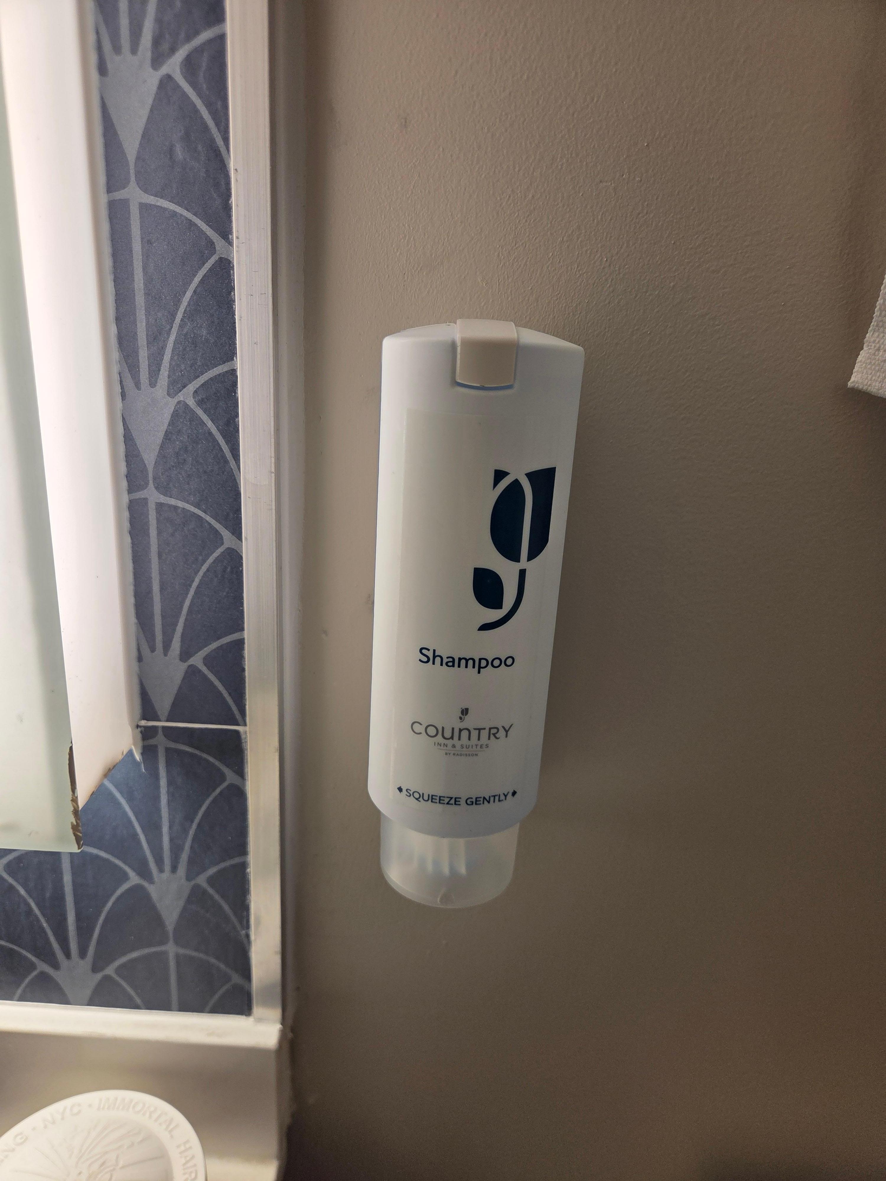 The bathroom sink had shampoo instead of soap next to it