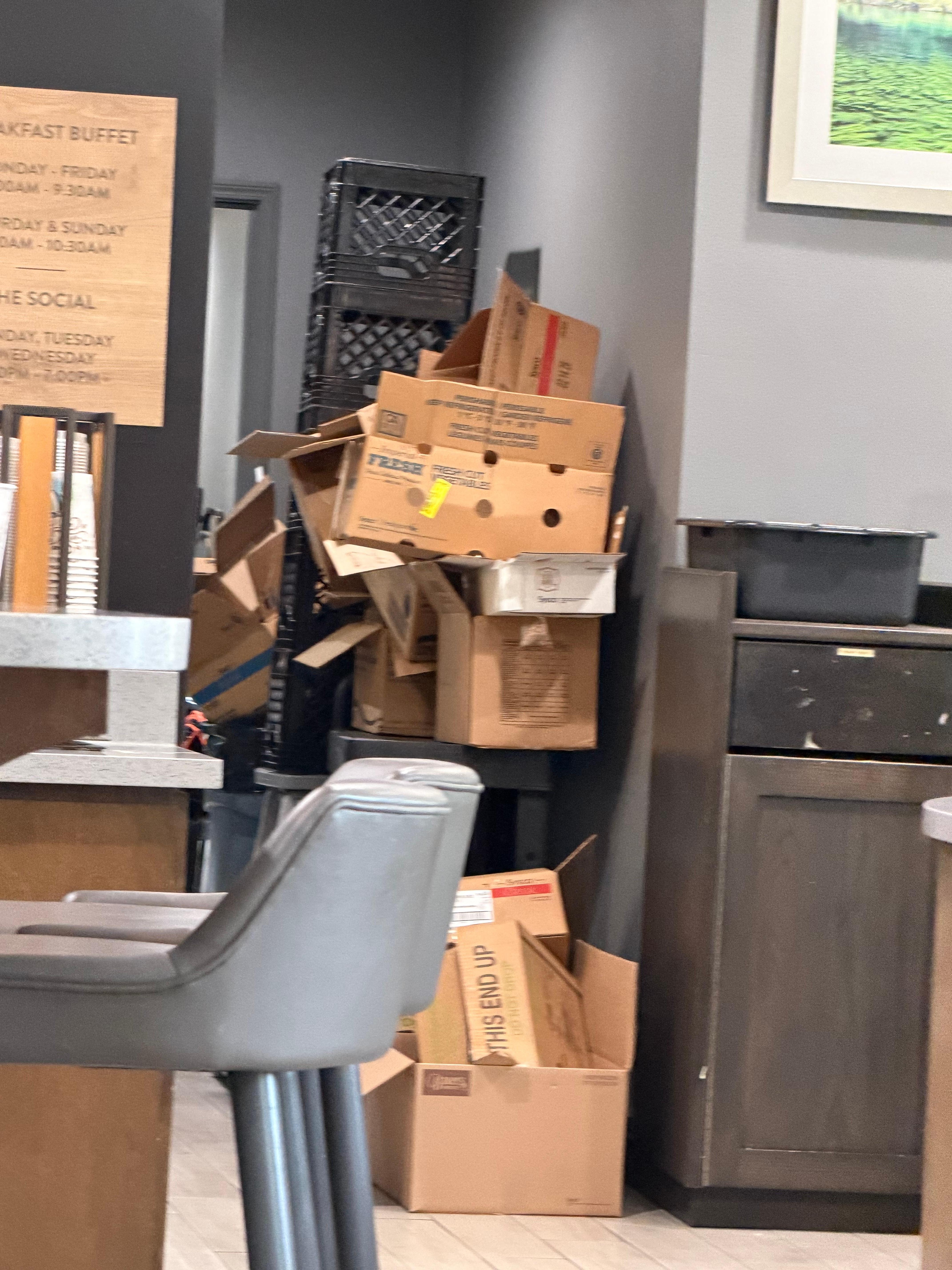 Boxes lined up near the walkway where breakfast was being served.