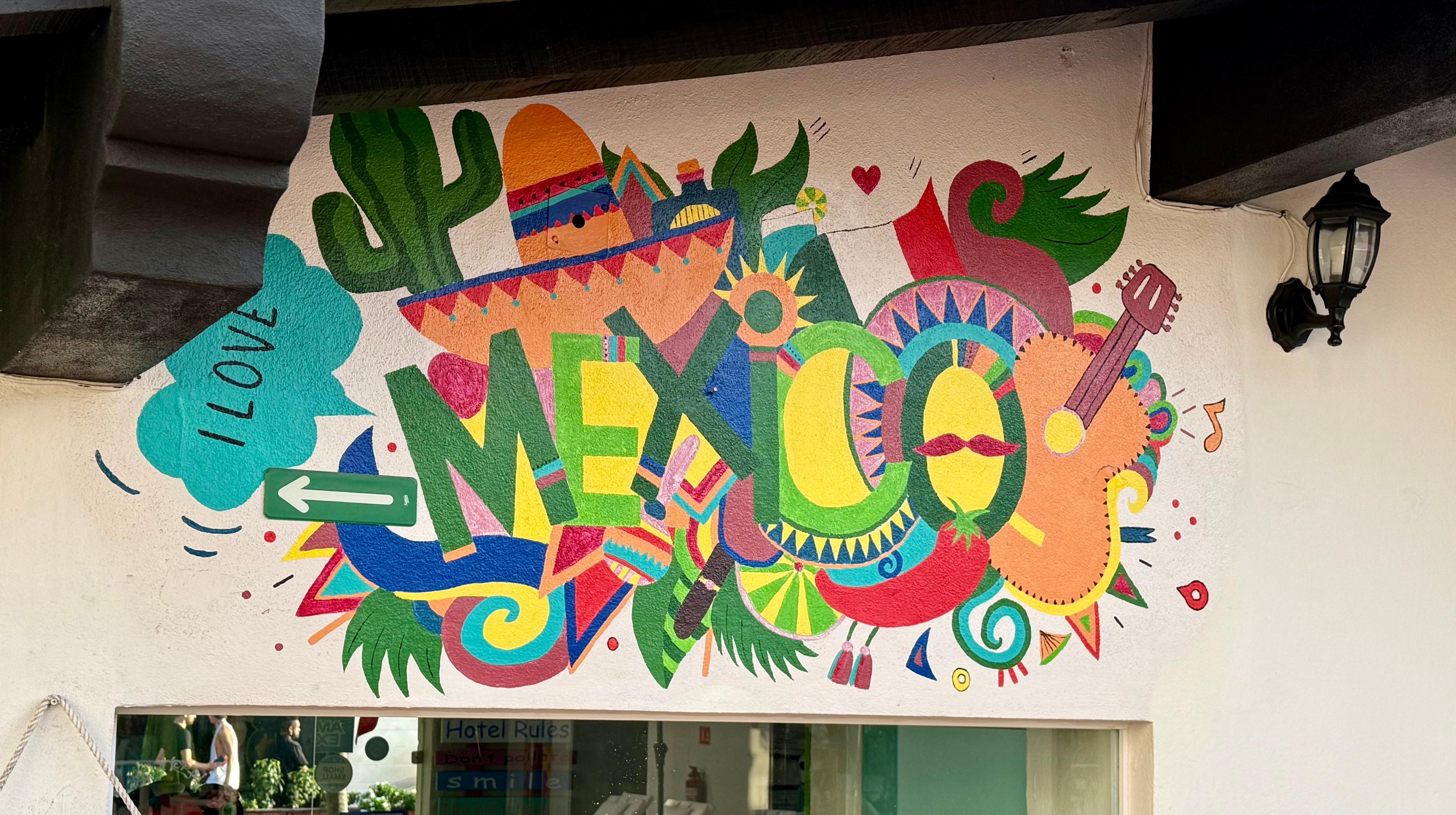 The courtyard area has beautiful artwork that celebrates Mexican culture