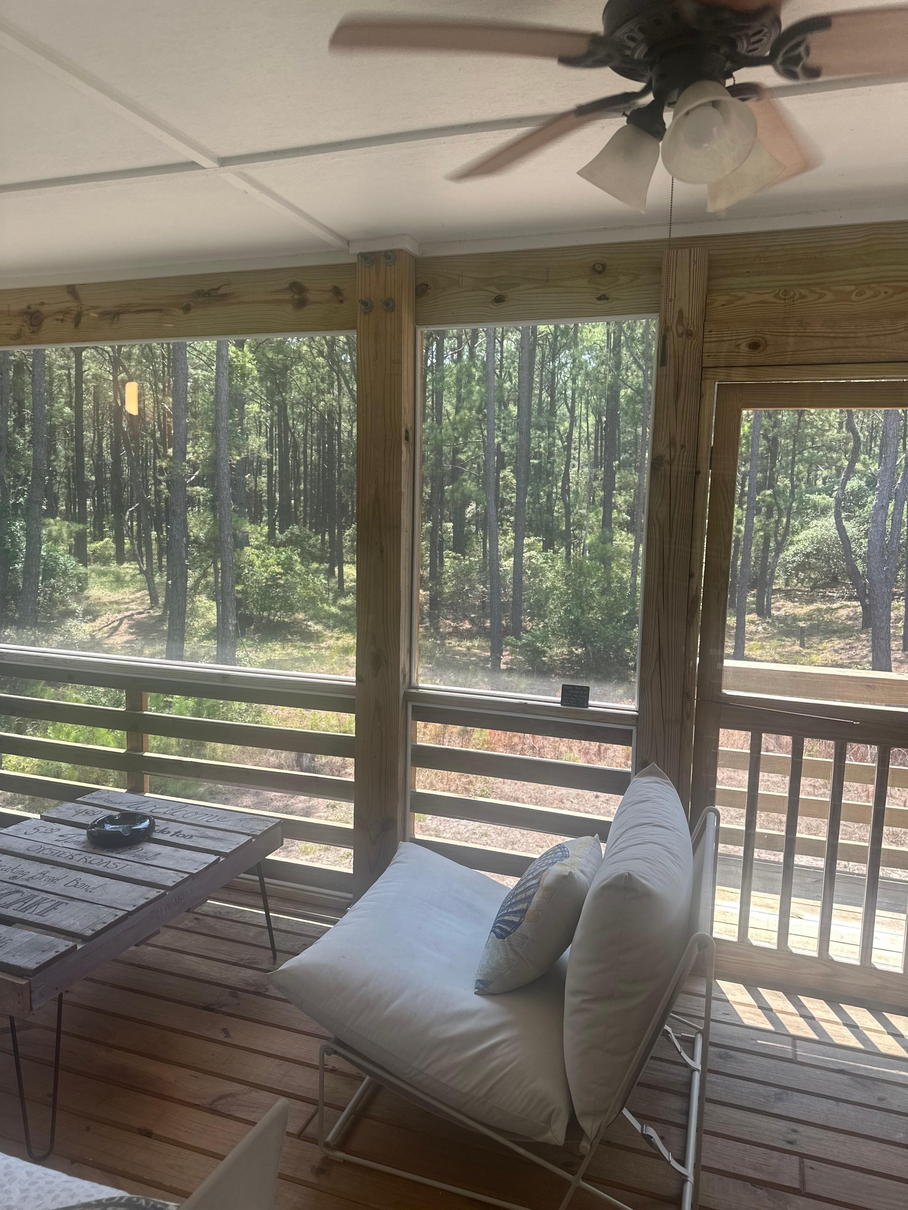 The screened porch facing the forest.