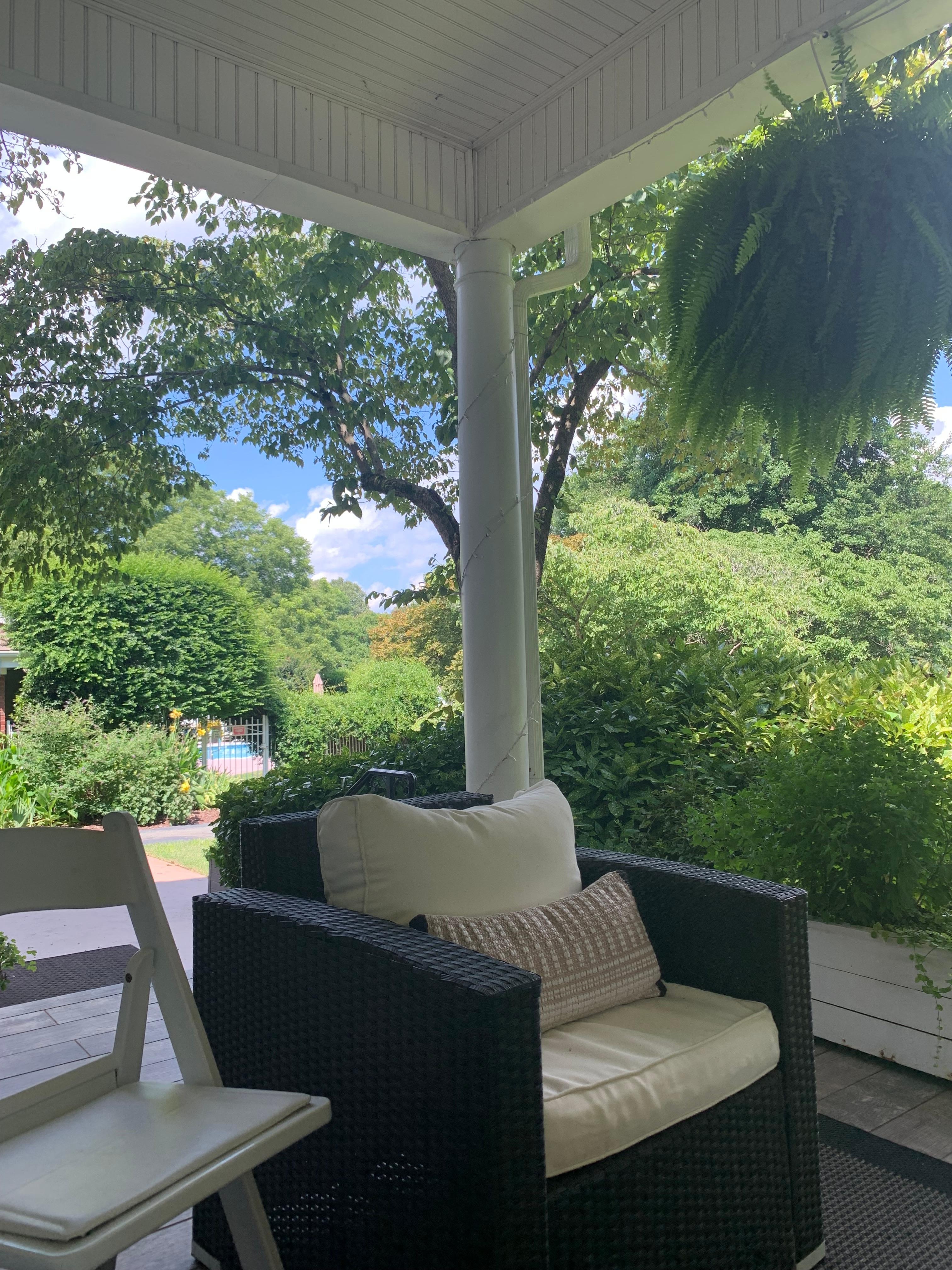 Side  porch pool beyond trees. 