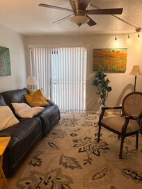 Living room sofa is roomy and reclines