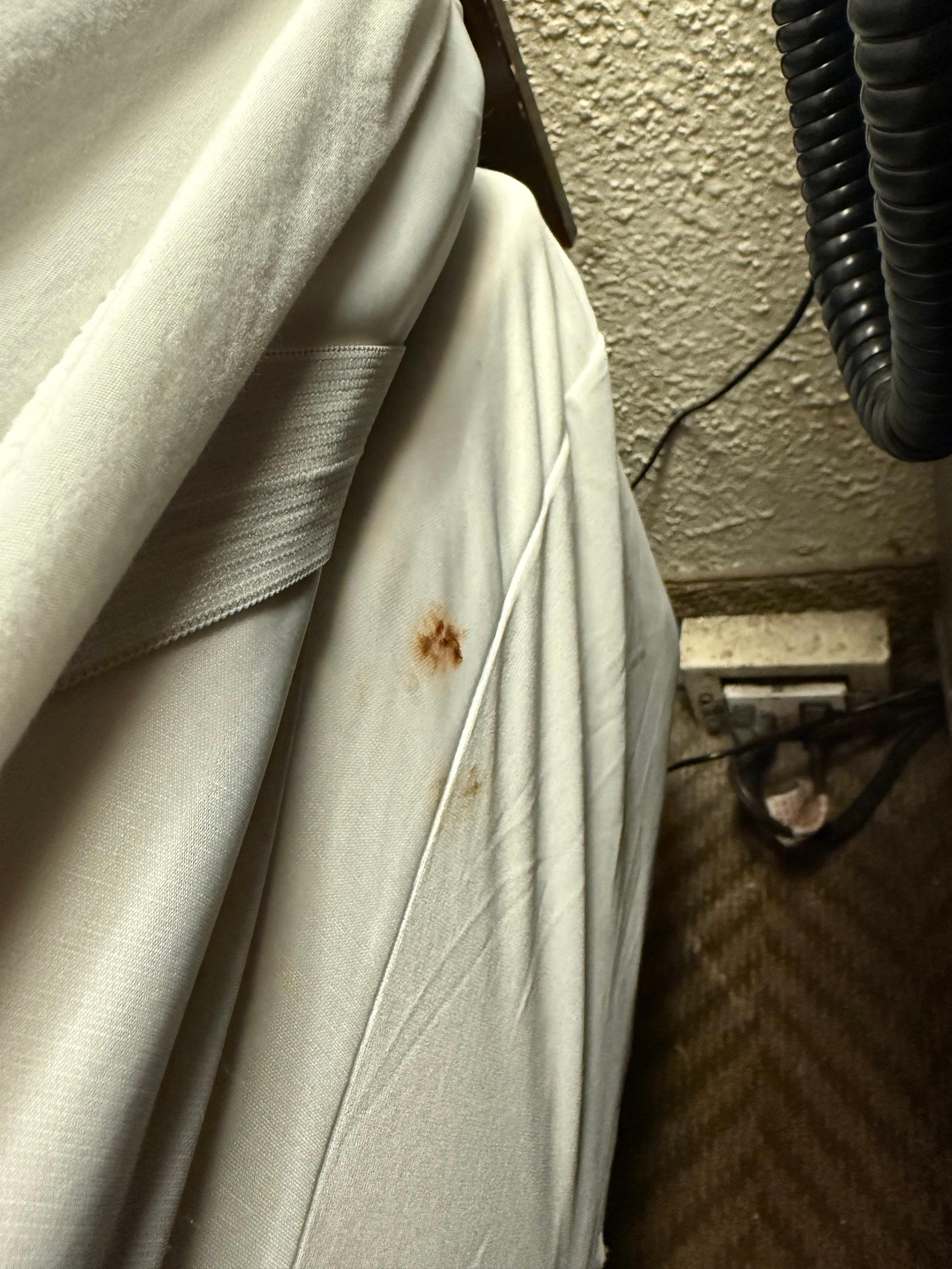 Something that looks like poopstains on the bed.