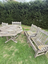 Broken tables around the grounds, which should be removed