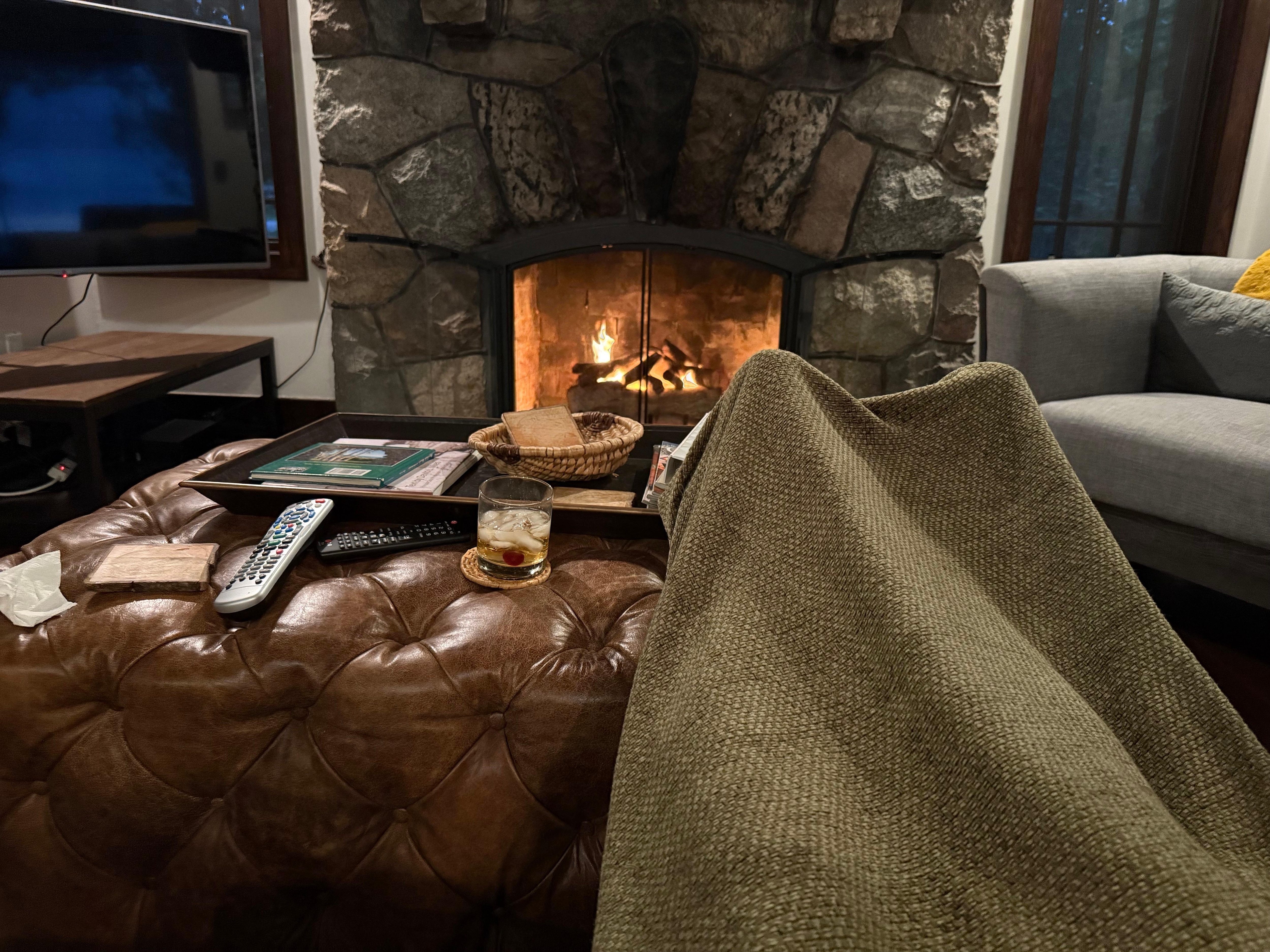 Relaxing at the fireplace.