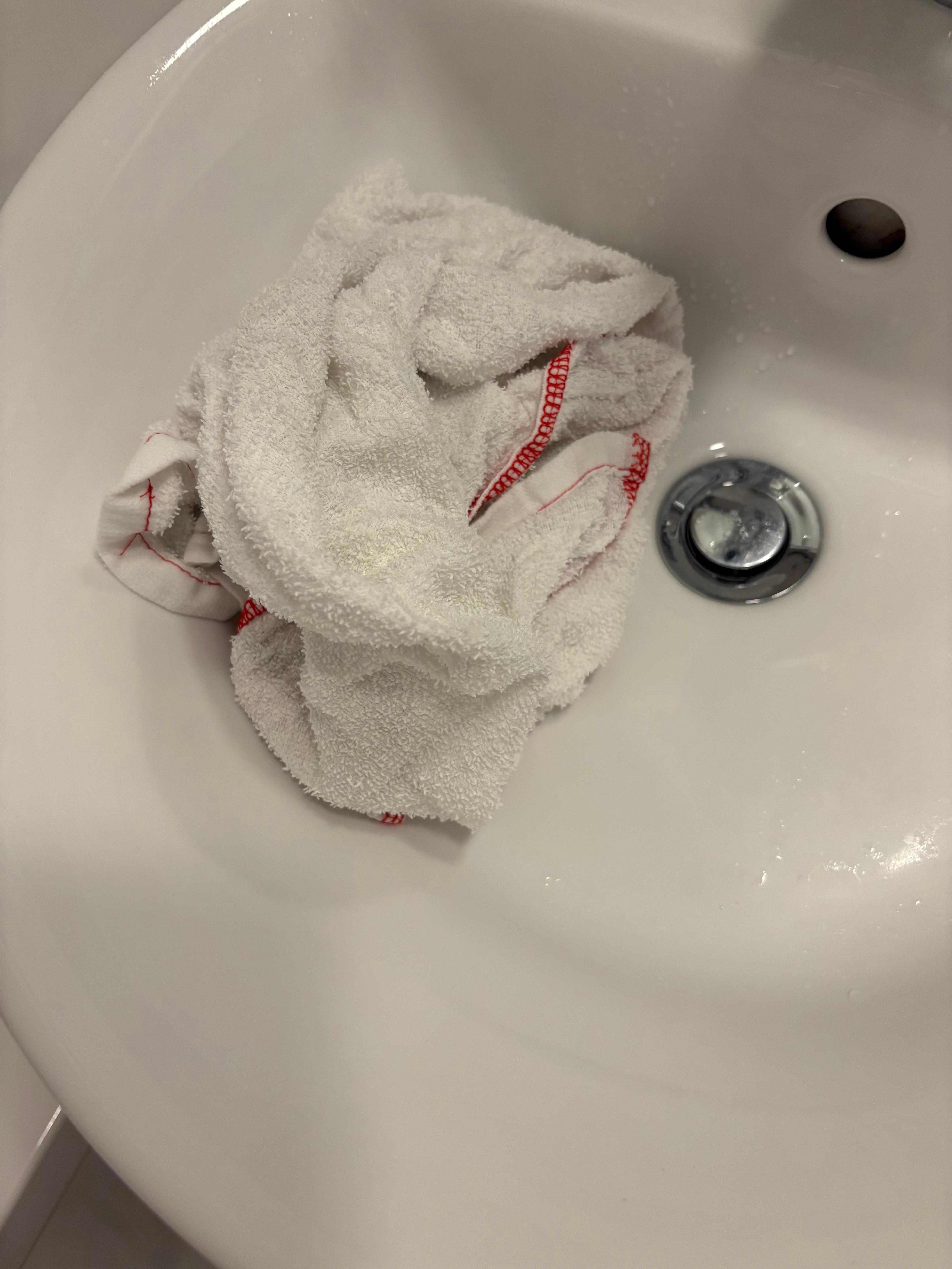 Dirty cleaning towel left in sink