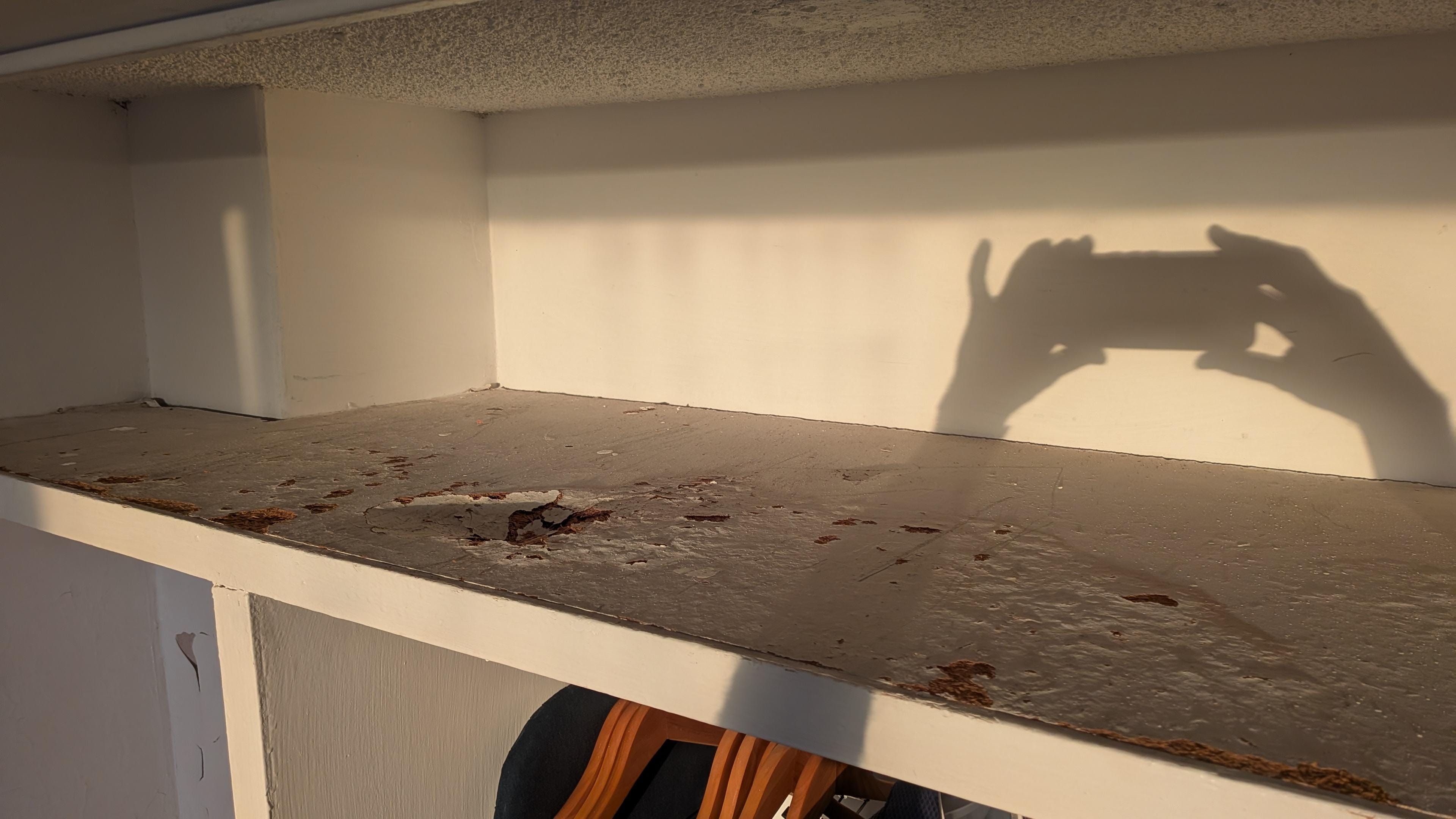 Peeling paint on shelves and walls