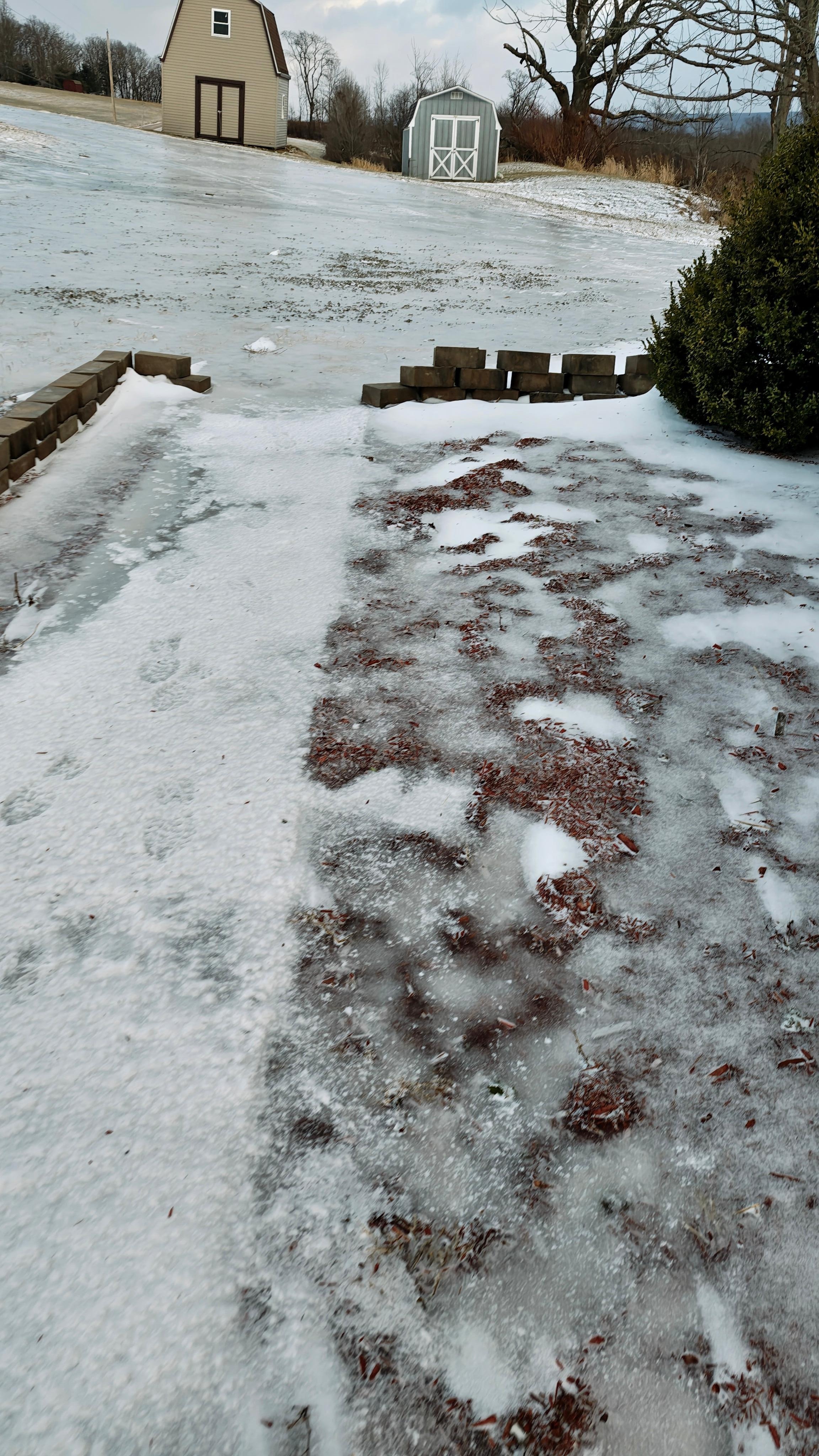 Walkway covered in black ice
