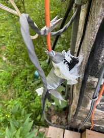outdoor power bar powering the hot tub wrapped in duct tape and plastic bags hanging from a lamp near water