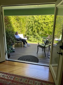 Looking out at the nicely furnished deck.