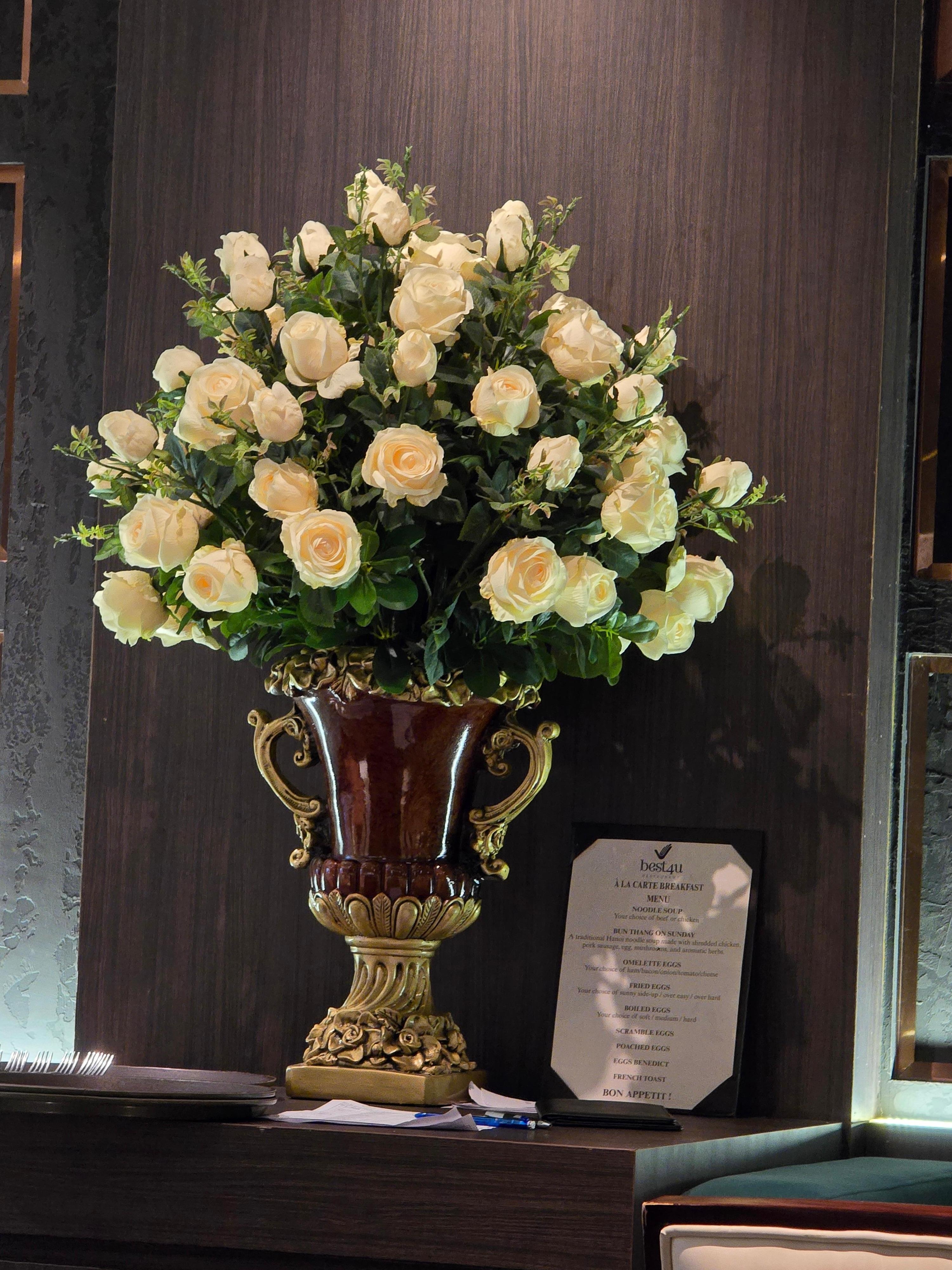 Beautiful welcoming flowers at the reception desk