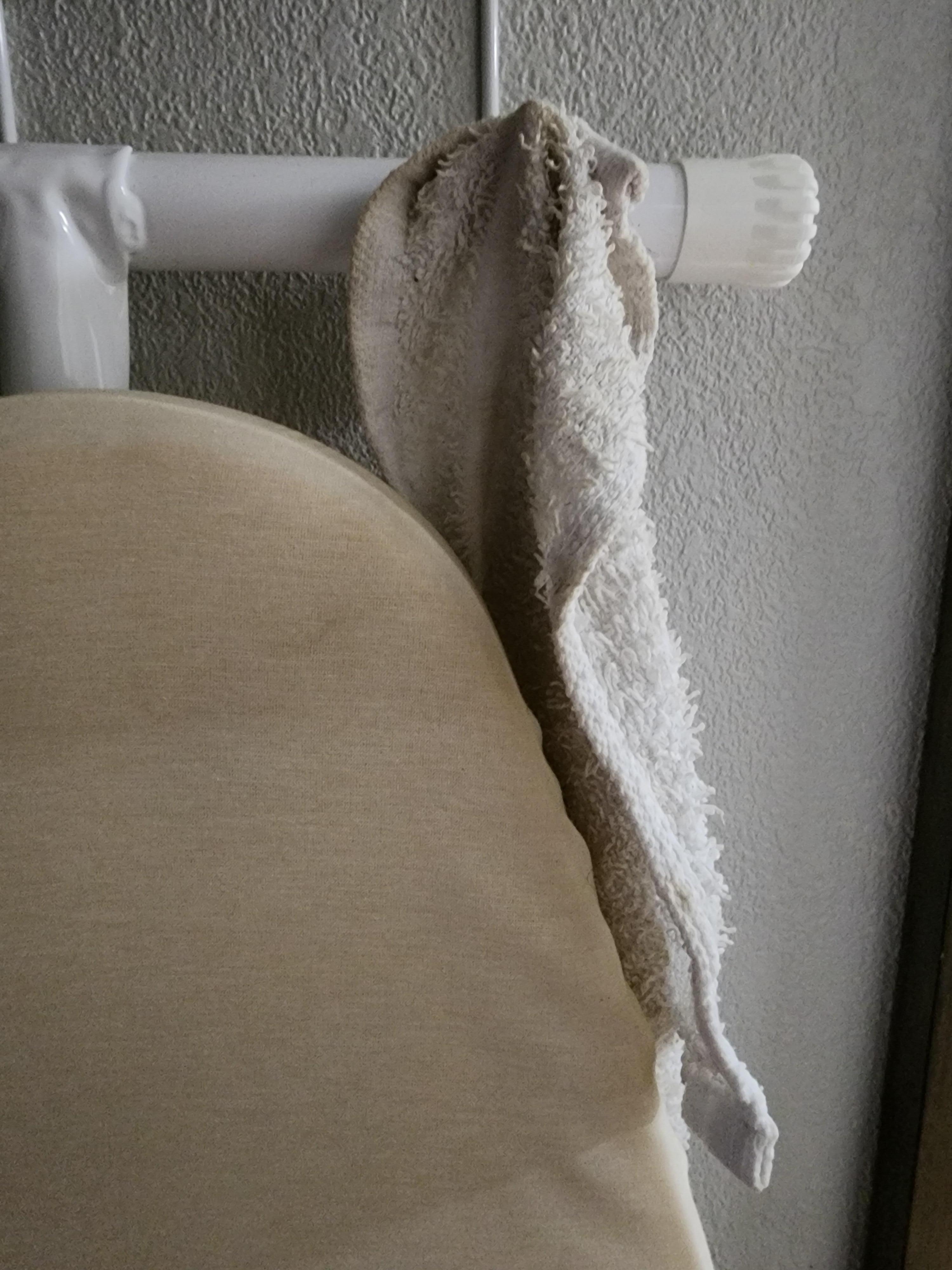 Dry, stained and dirty washcloth left from previous tenant.