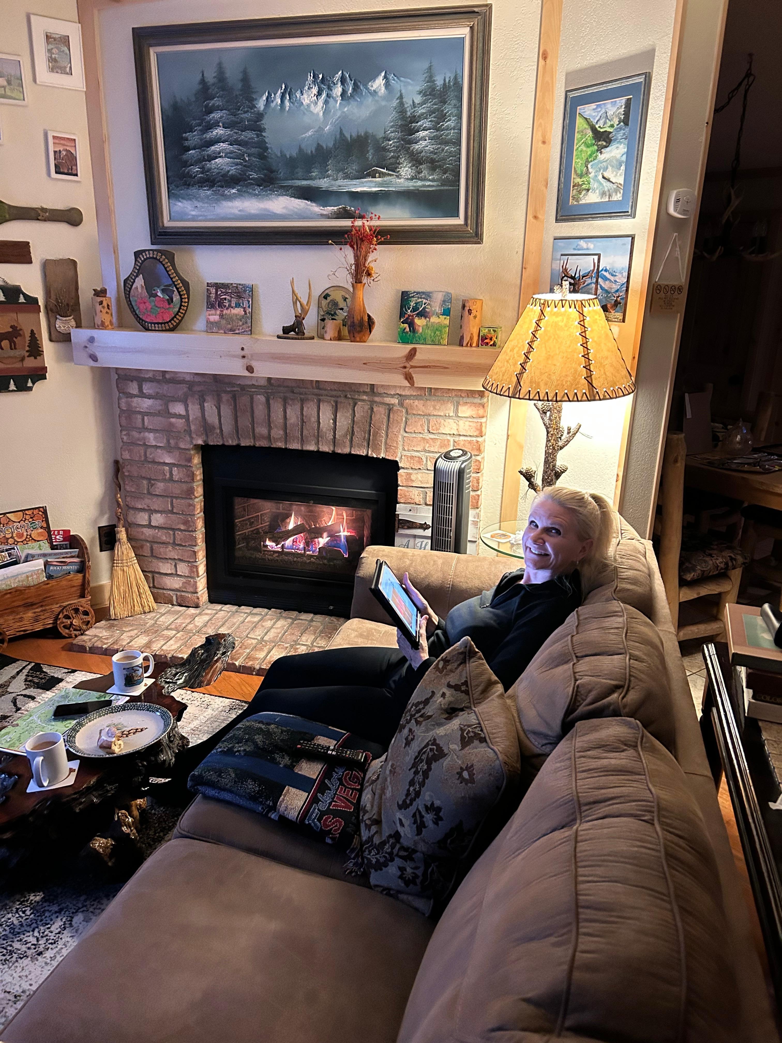 Enjoying a cozy fire! Relaxing in the living room after a fabulous home cooked meal.