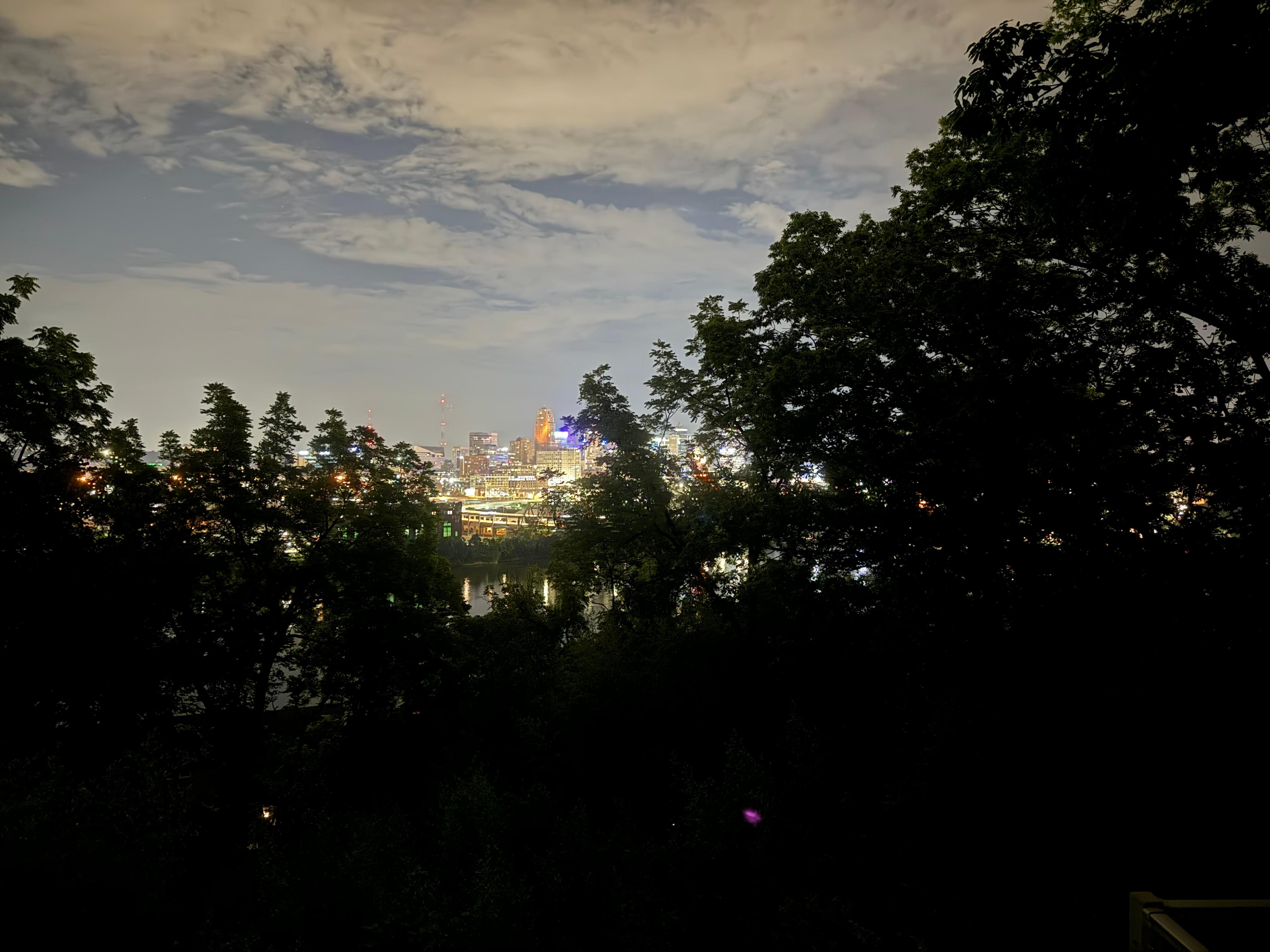 View of skyline at night. 