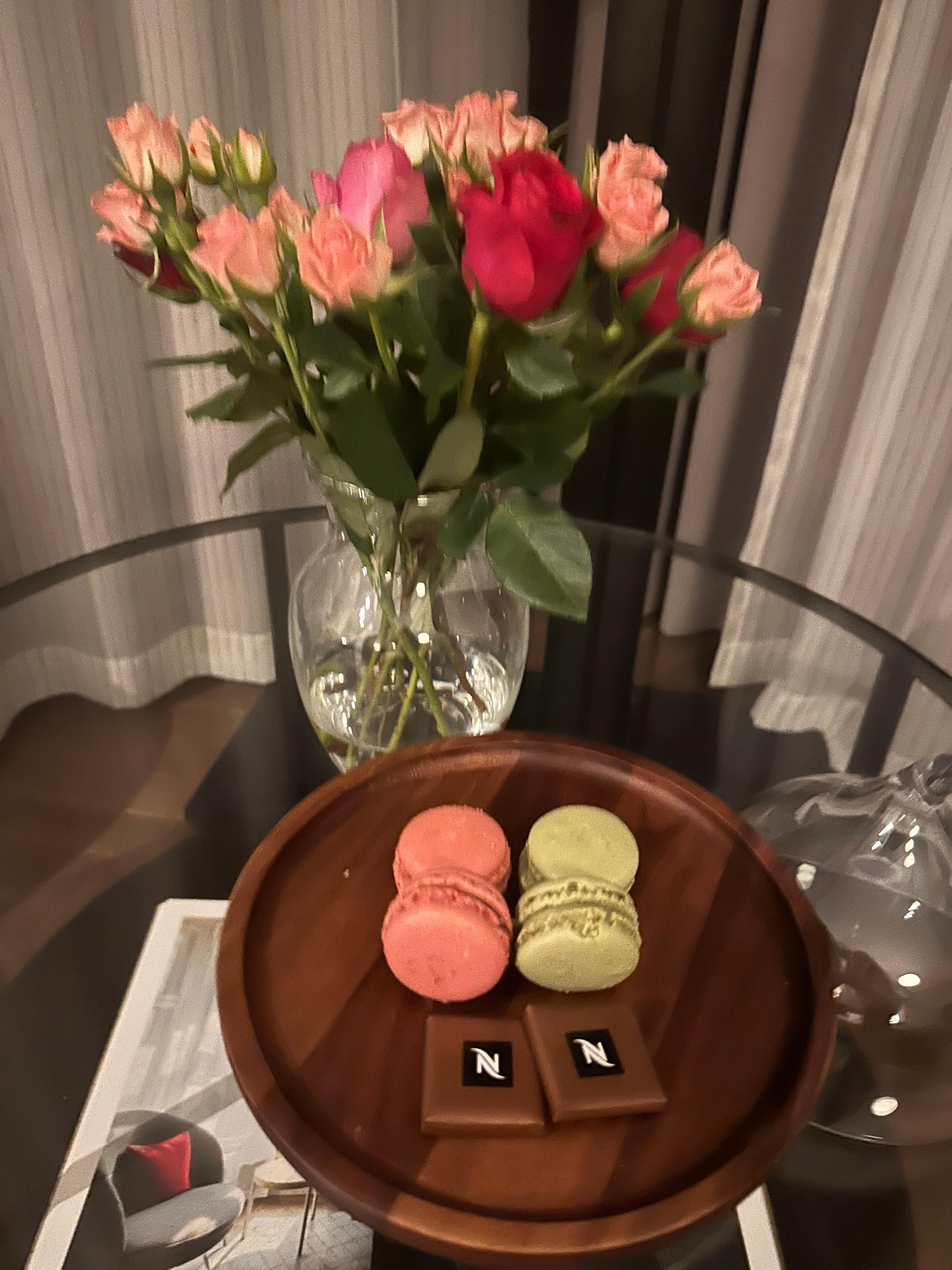 They had fresh, real flowers and macarons for us upon arrival! 