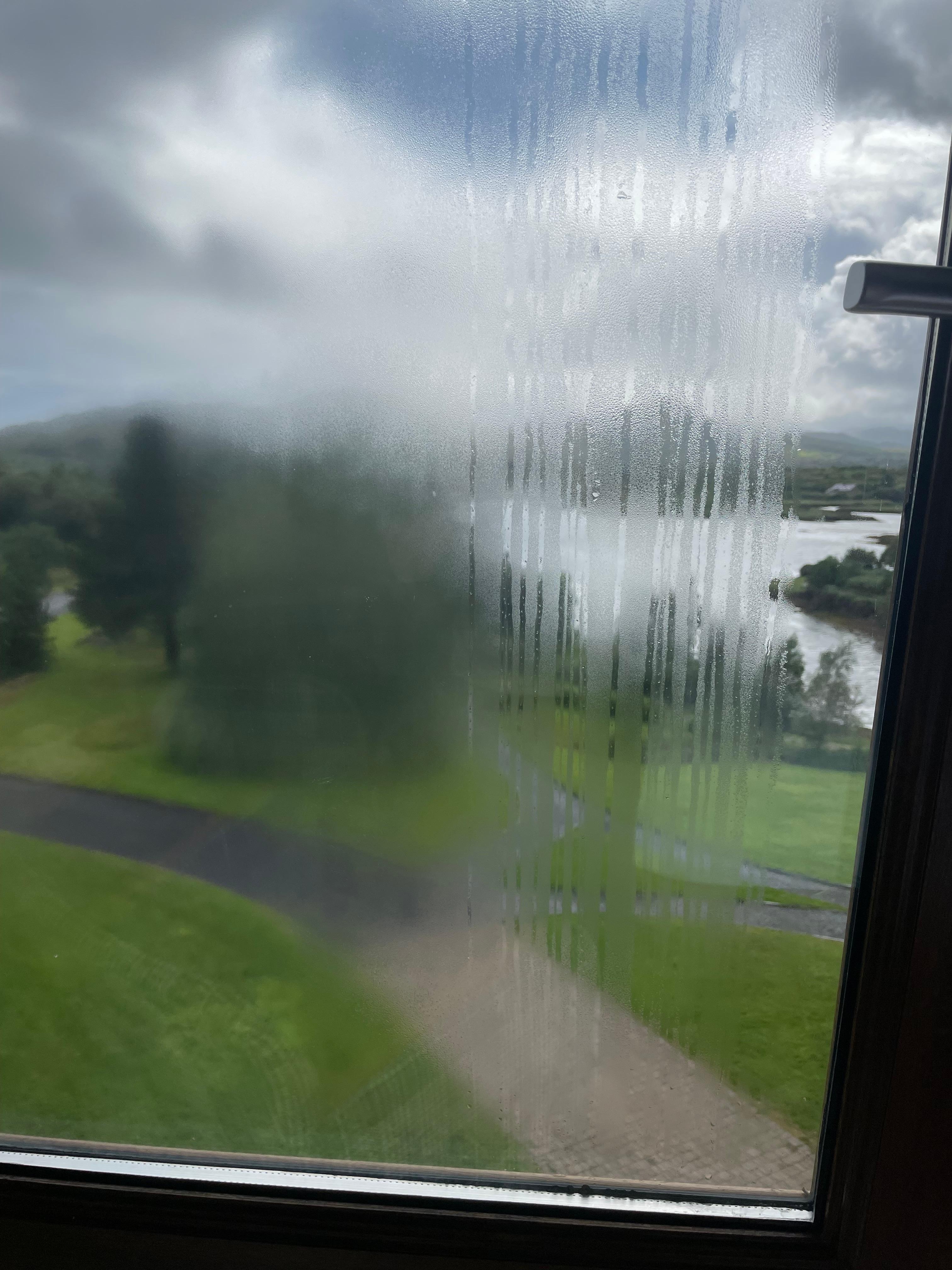 Condensation in the double glazing.