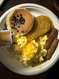 Nice variety offered for complimentary breakfast. They also had oatmeal, yogurt, fruit, toast, bagel, muffins, & juices.