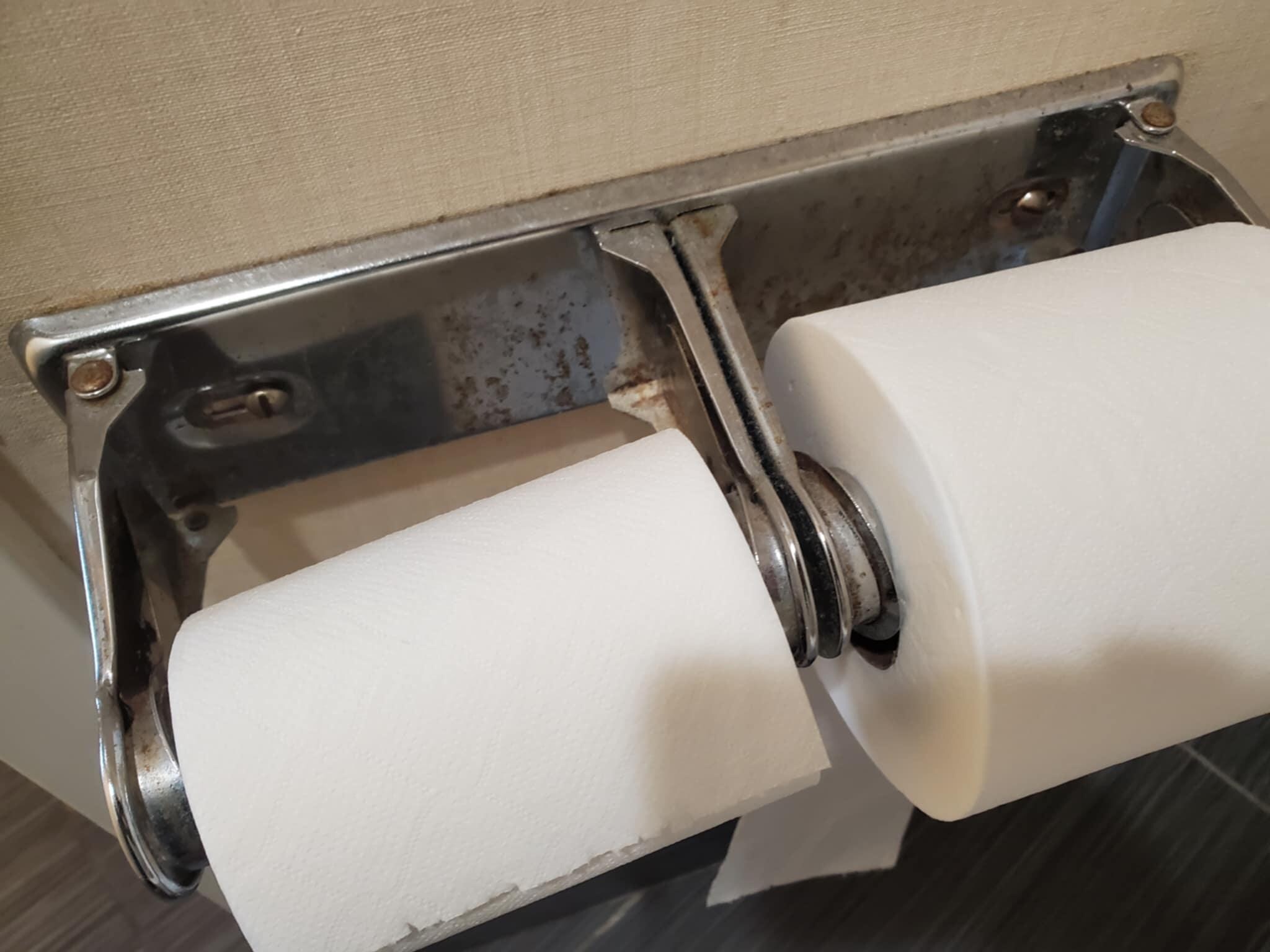 Rusty toilet paper holder .Very gross and dirty