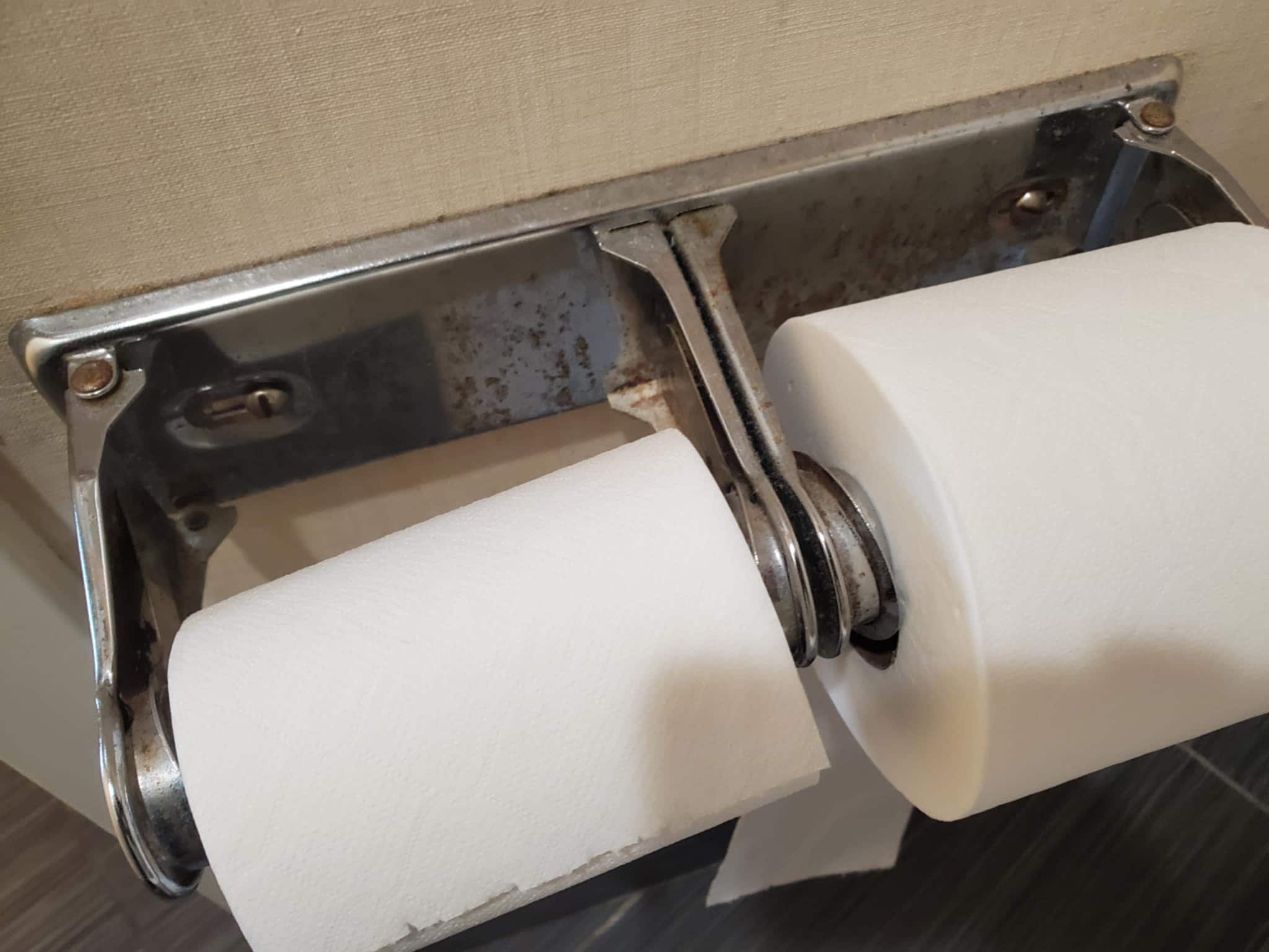 Rusty toilet paper holder .Very gross and dirty