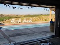 View of pool from inside living room.