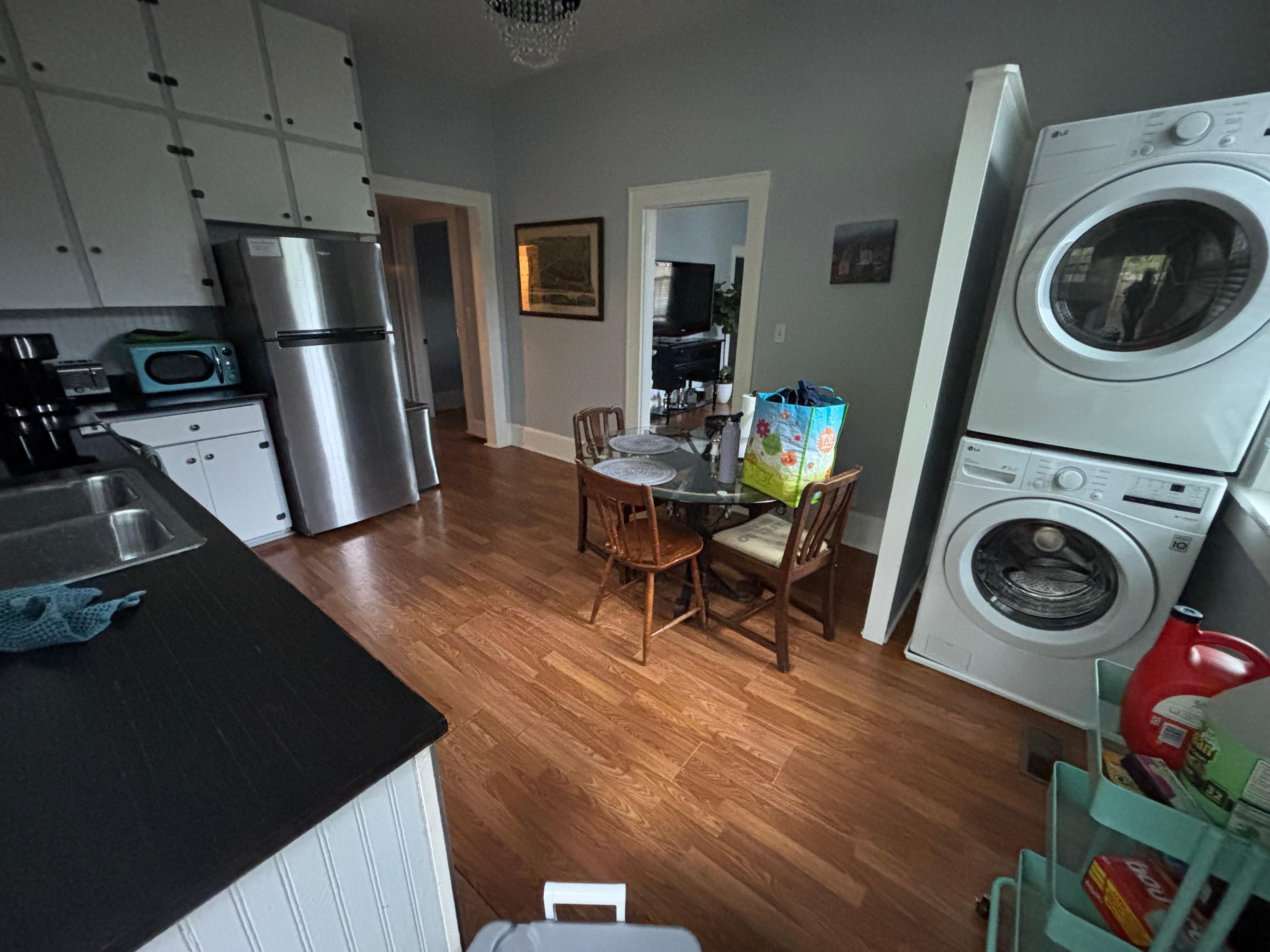 The kitchen also comes with a dishwasher, plates, cups, coffee pot, coffee, tea & creamer with plenty of pots/pans & cooking utensils. Laundry detergent and dish detergent are also there for you.