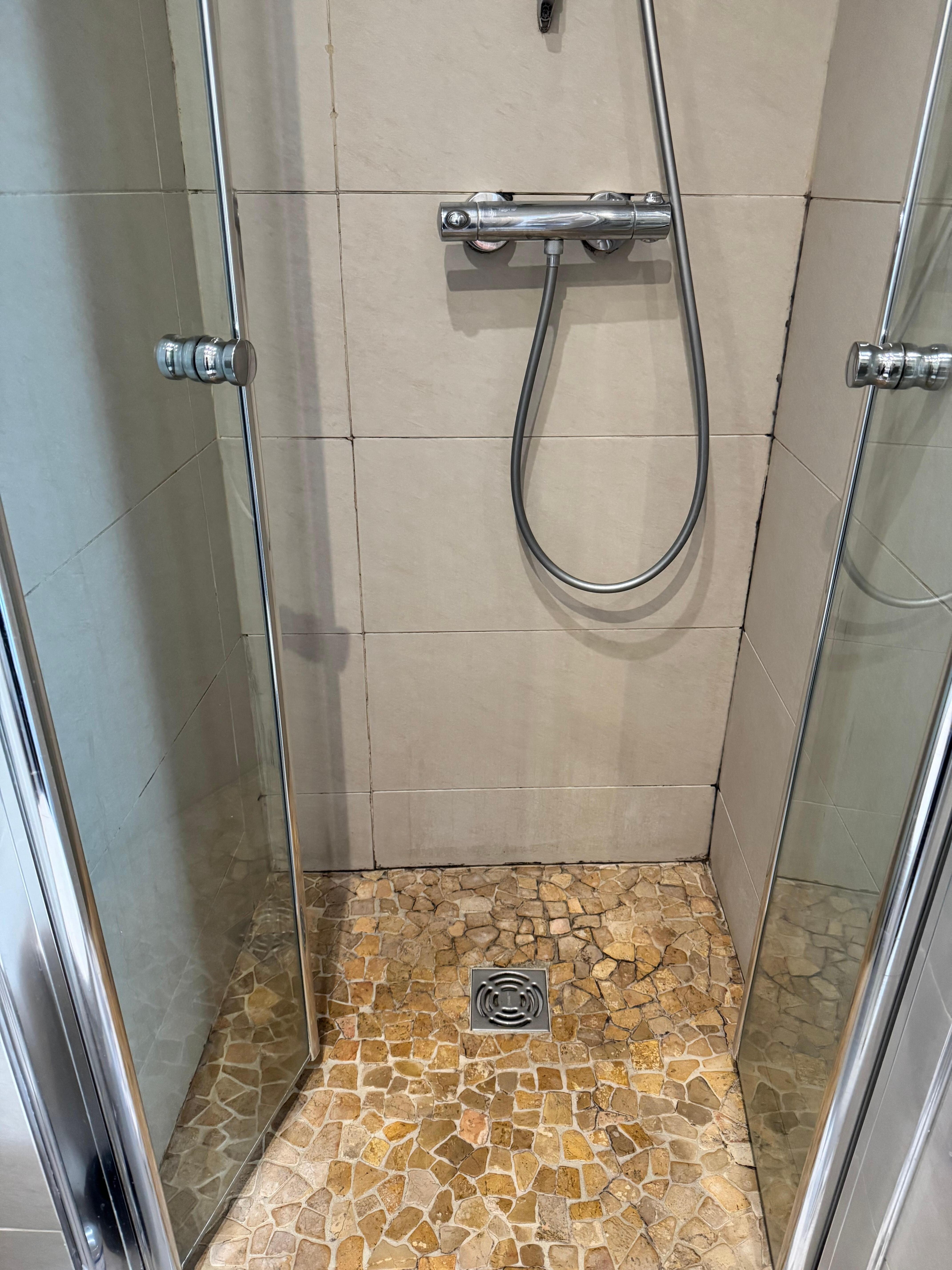 Tiny shower with toilet in front of it