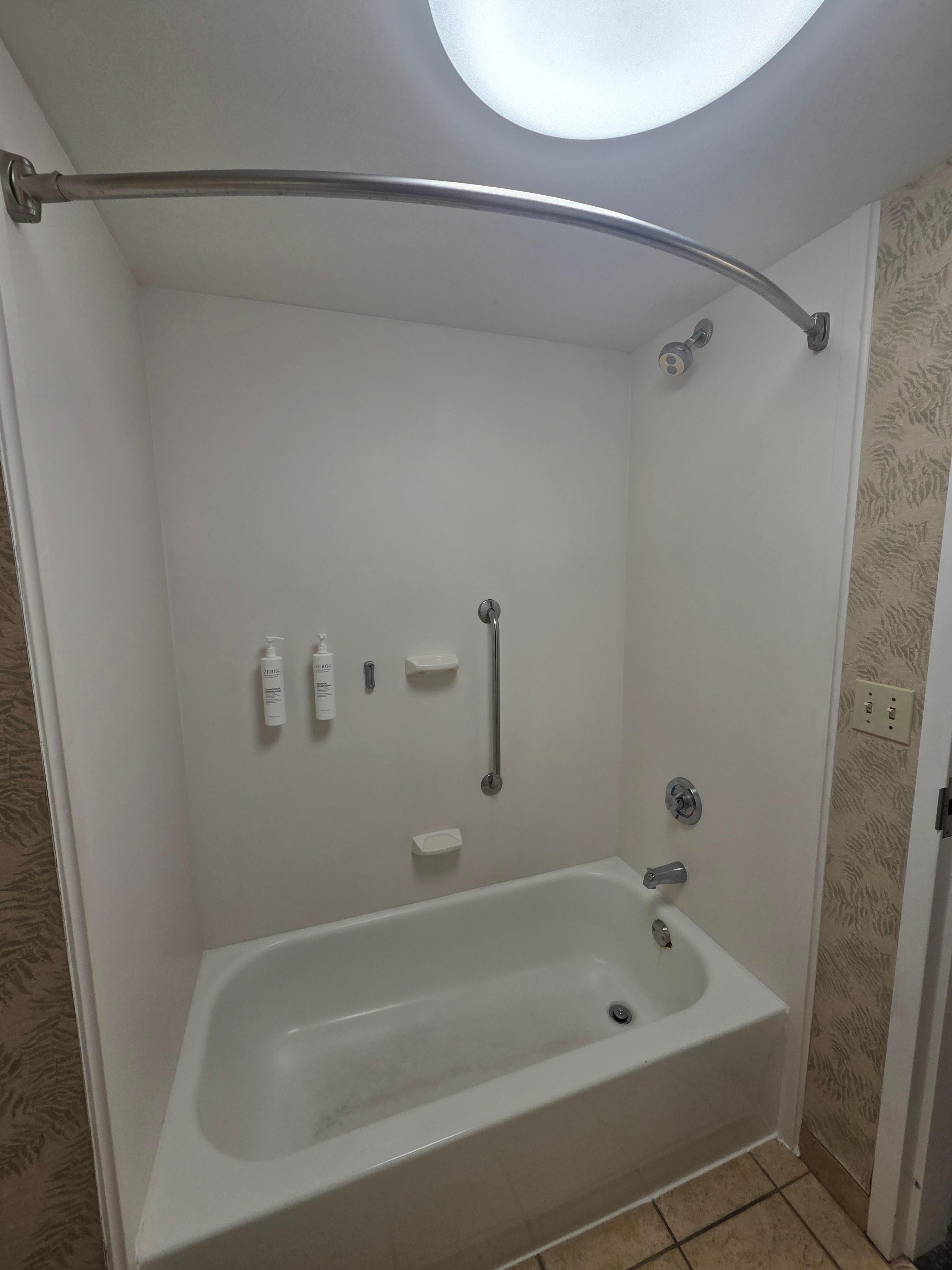 No shower curtain. Asked 3 times for one. Never got one