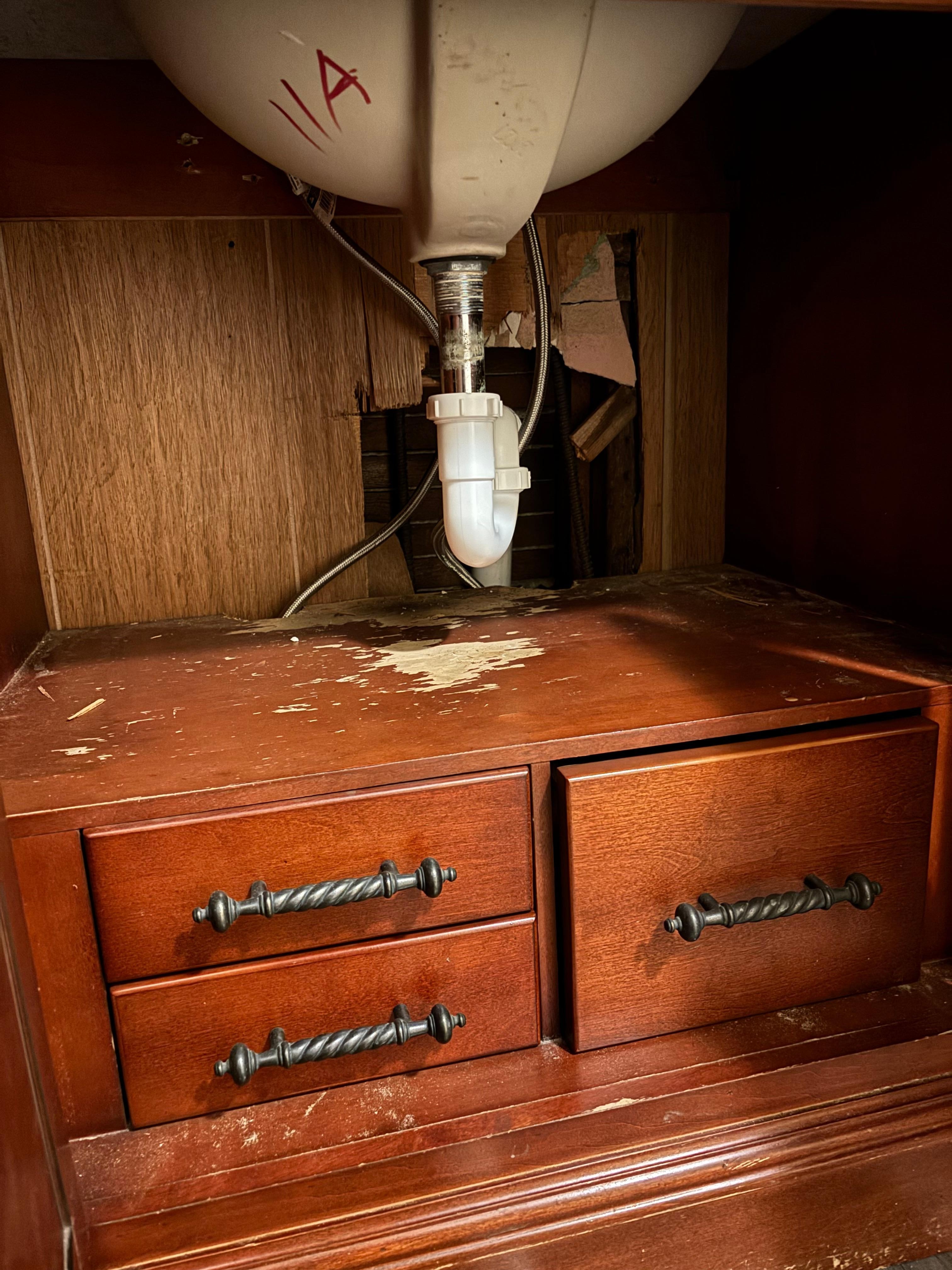 Under vanity. Dirty with a hole in the wall