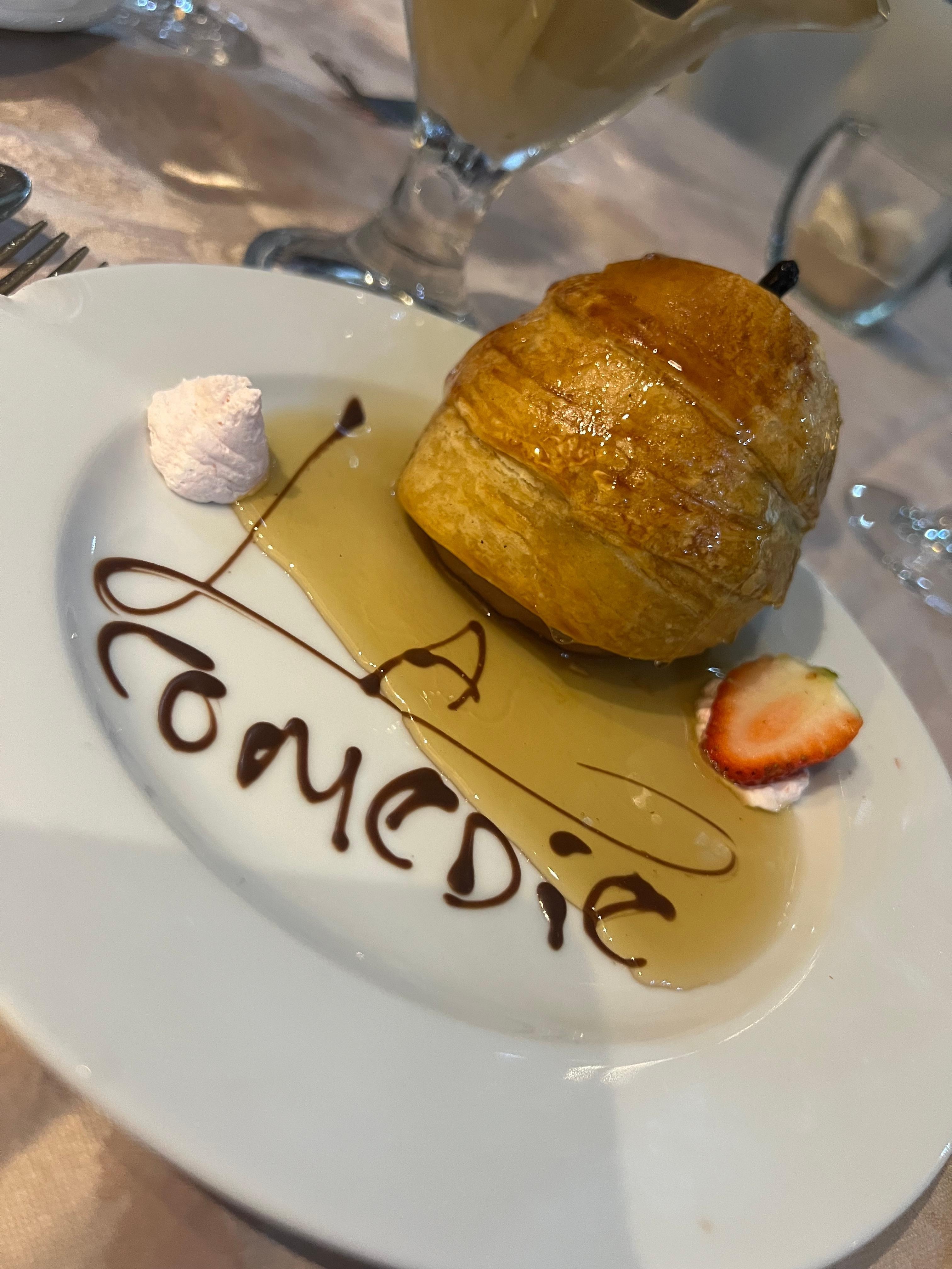 Delicious pear dessert at French restaurant 