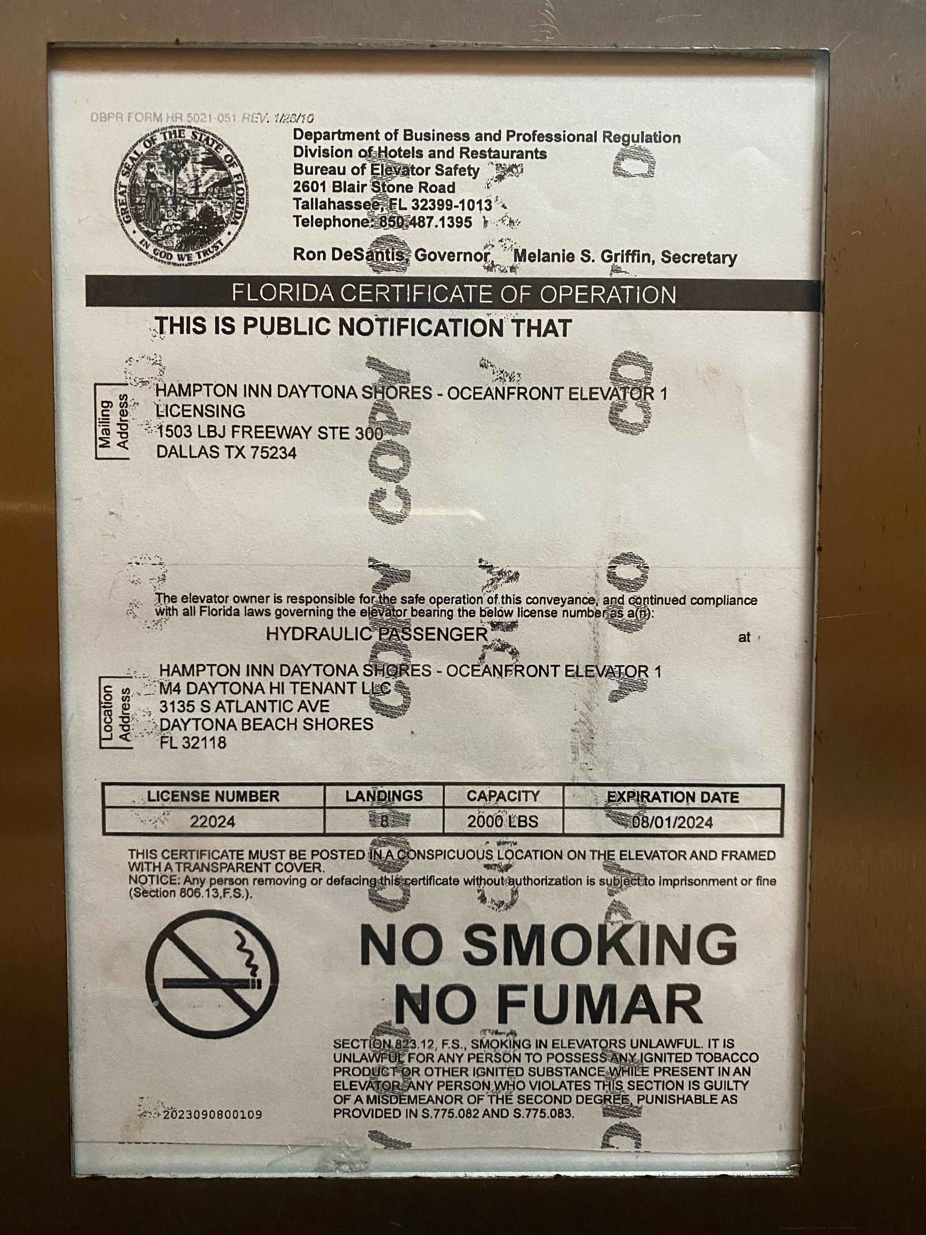 Copy in the elevator was expired