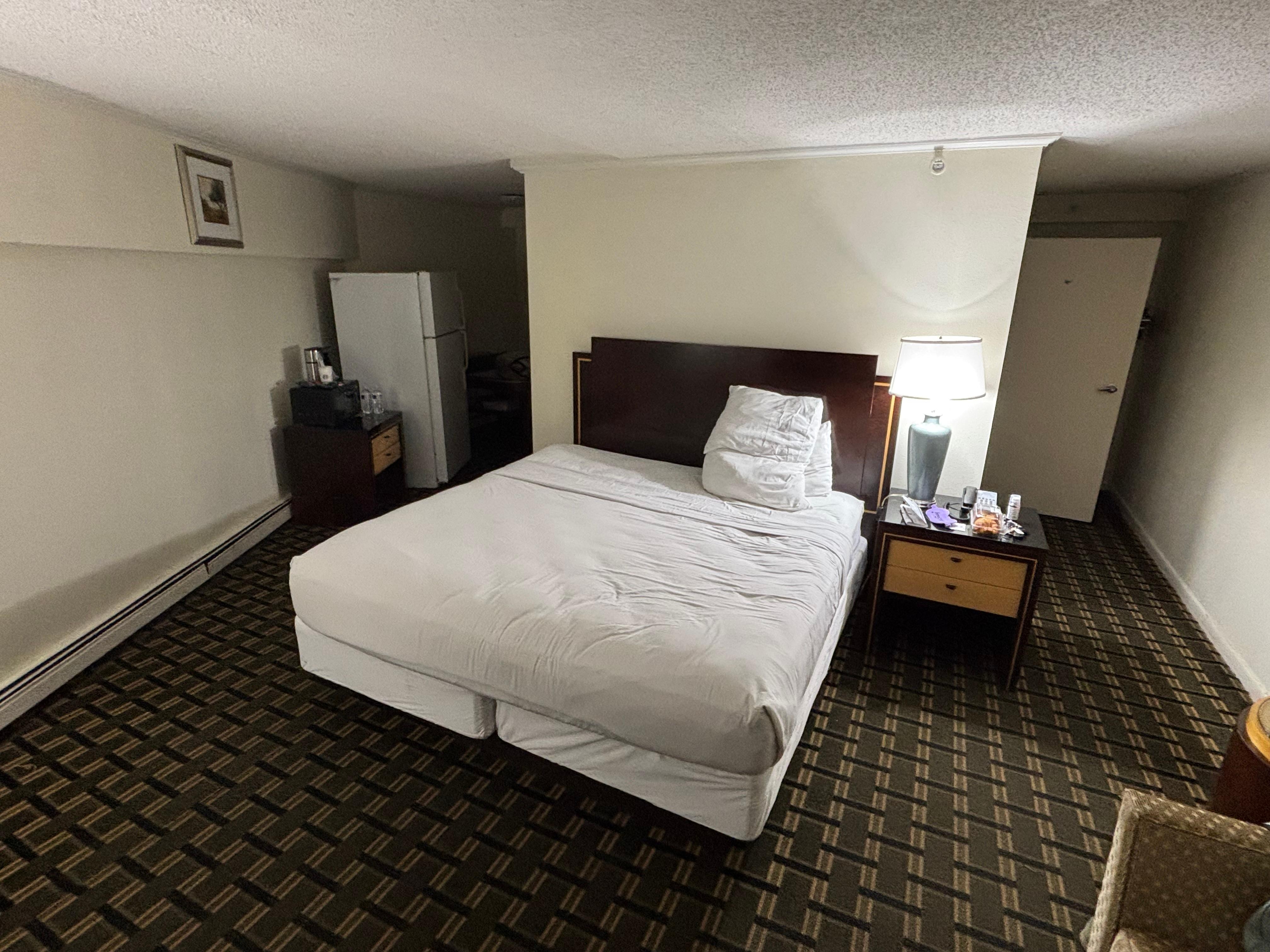 Rm 114 - odd set up with fridge and desk to the left and bathroom to the right behind the bed.