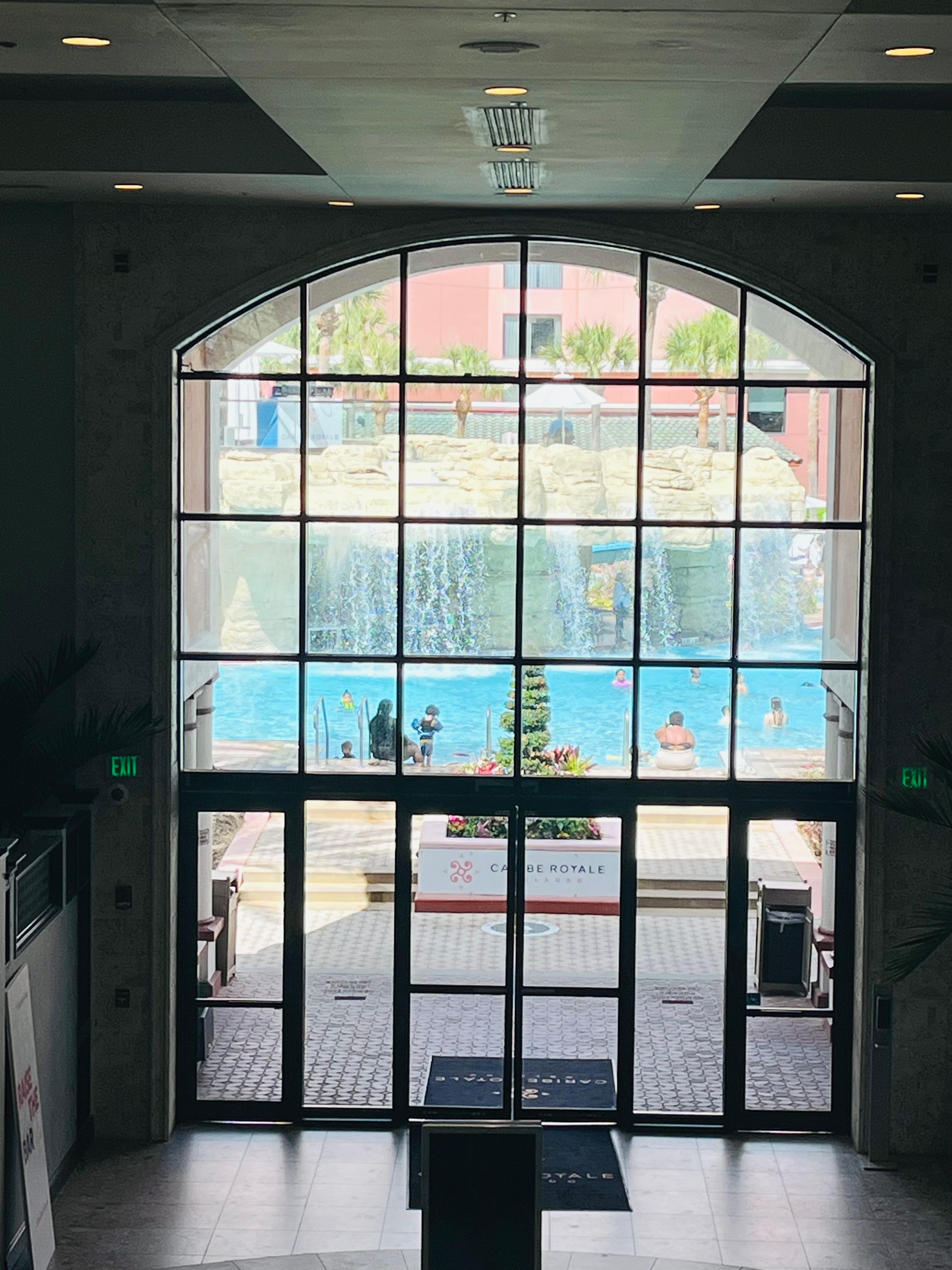 The main doors to the central pool/recreation area from the foyer landing
