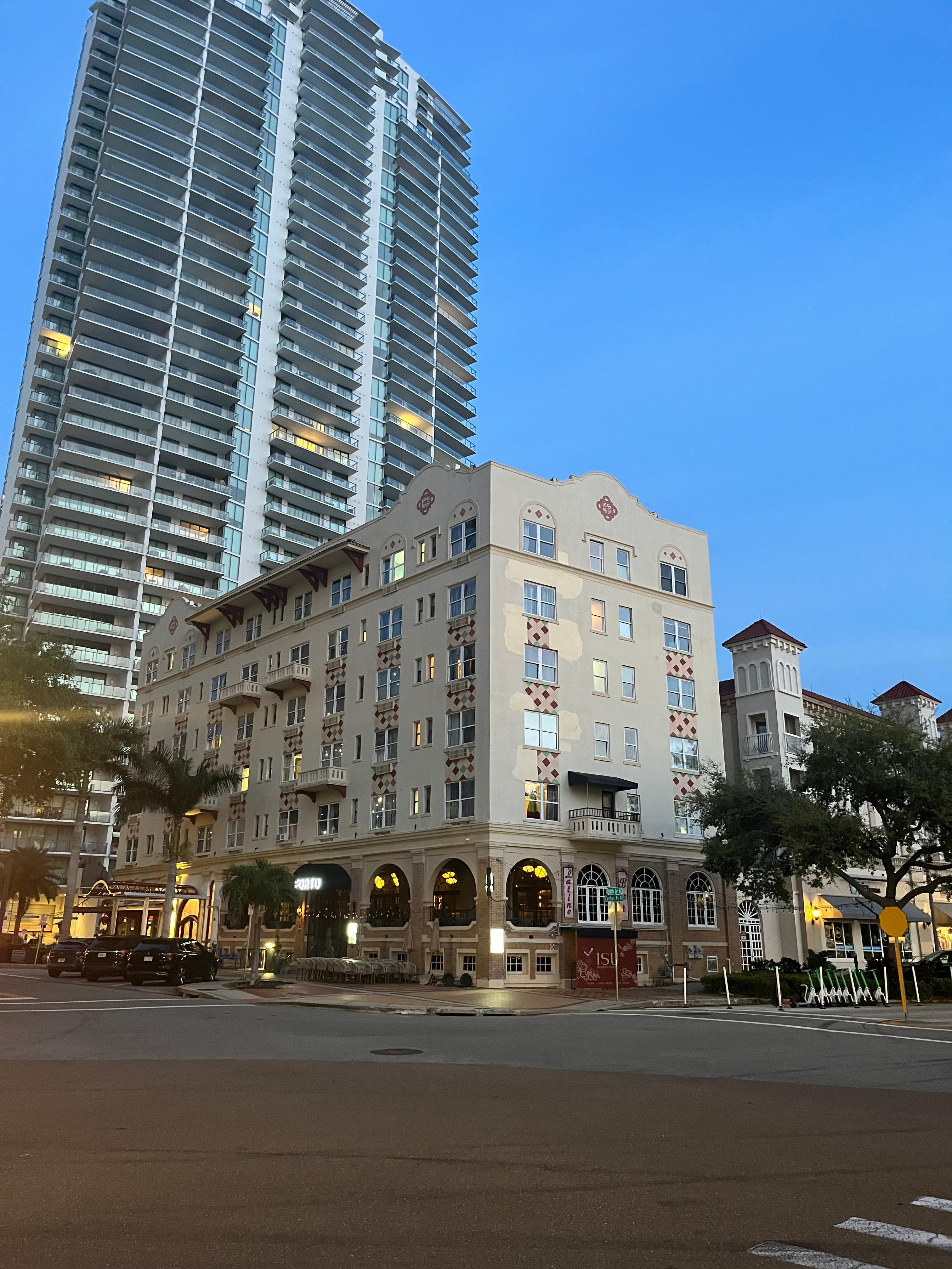 Good location 
Awning cover gone.  Sign damaged.  