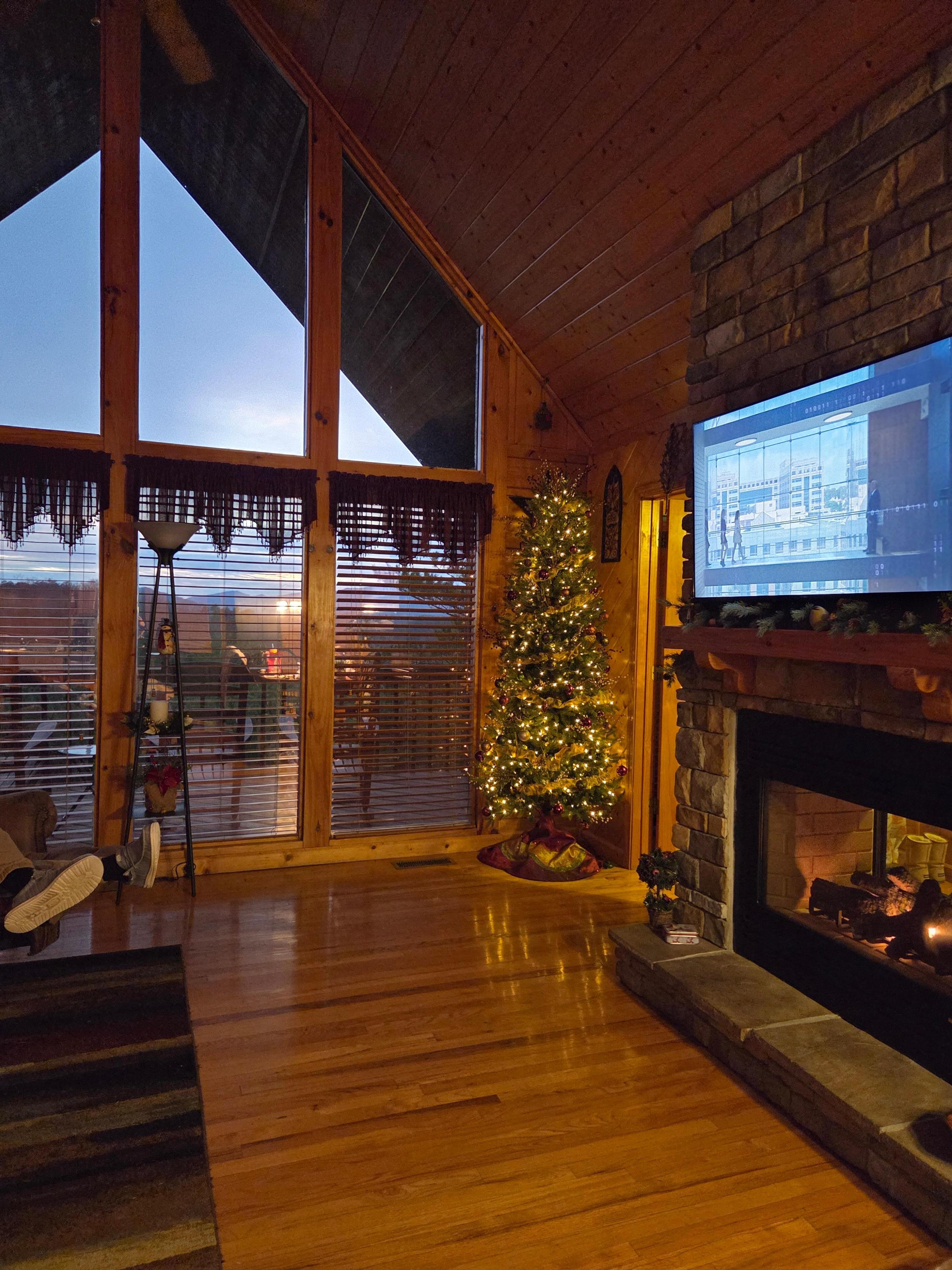 The cabin is so nice, with nice big windows, a fireplace, and beautiful views. 
