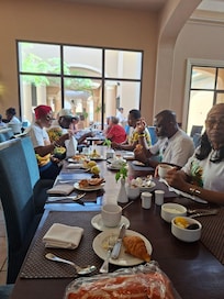 At the dining eating breakfast