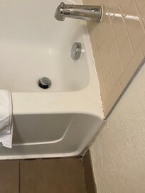 Bathroom tub and floor dirty.