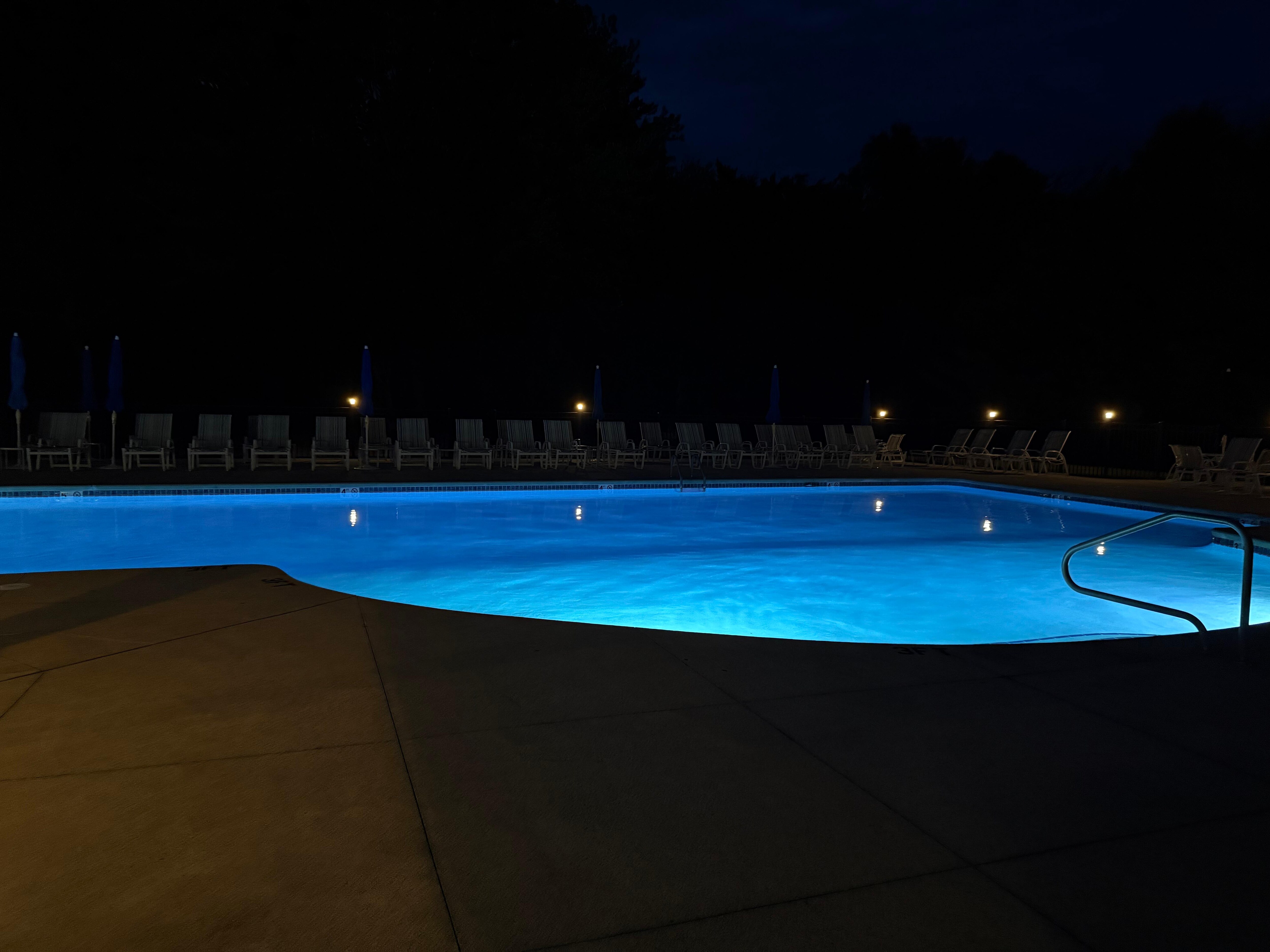 The adult pool at night.