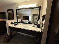 Plenty of counter space, hair dryer is powerful, single serve coffee maker
