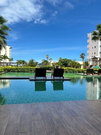 Lounge chairs overlooking the pool