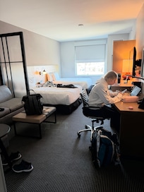 A lovely break, including homework, at the hotel during our 15-hour stay.