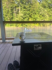 Relaxing on back porch while drift boats float by.