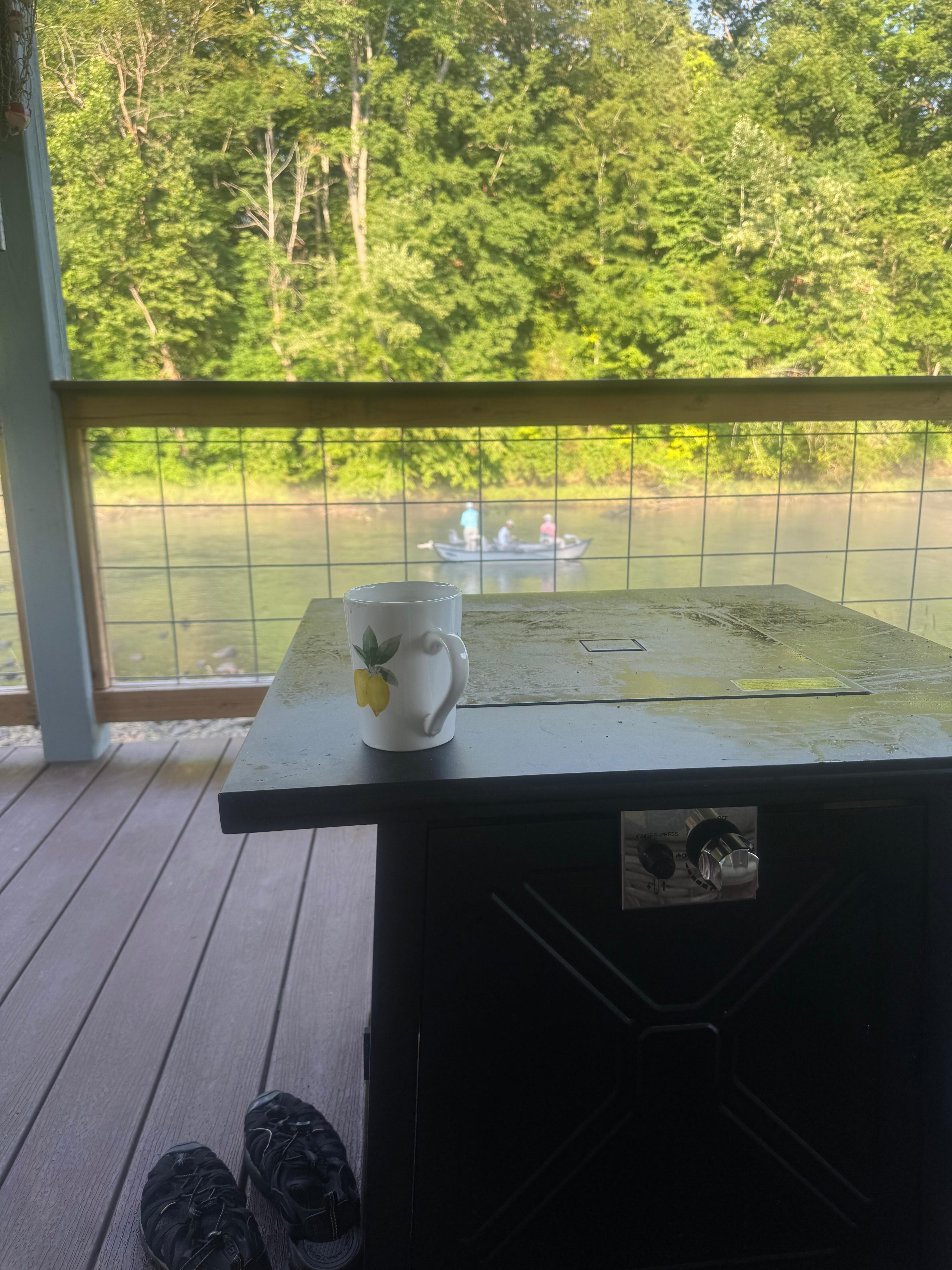 Relaxing on back porch while drift boats float by. 