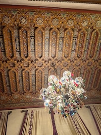 A chandelier and the ceiling